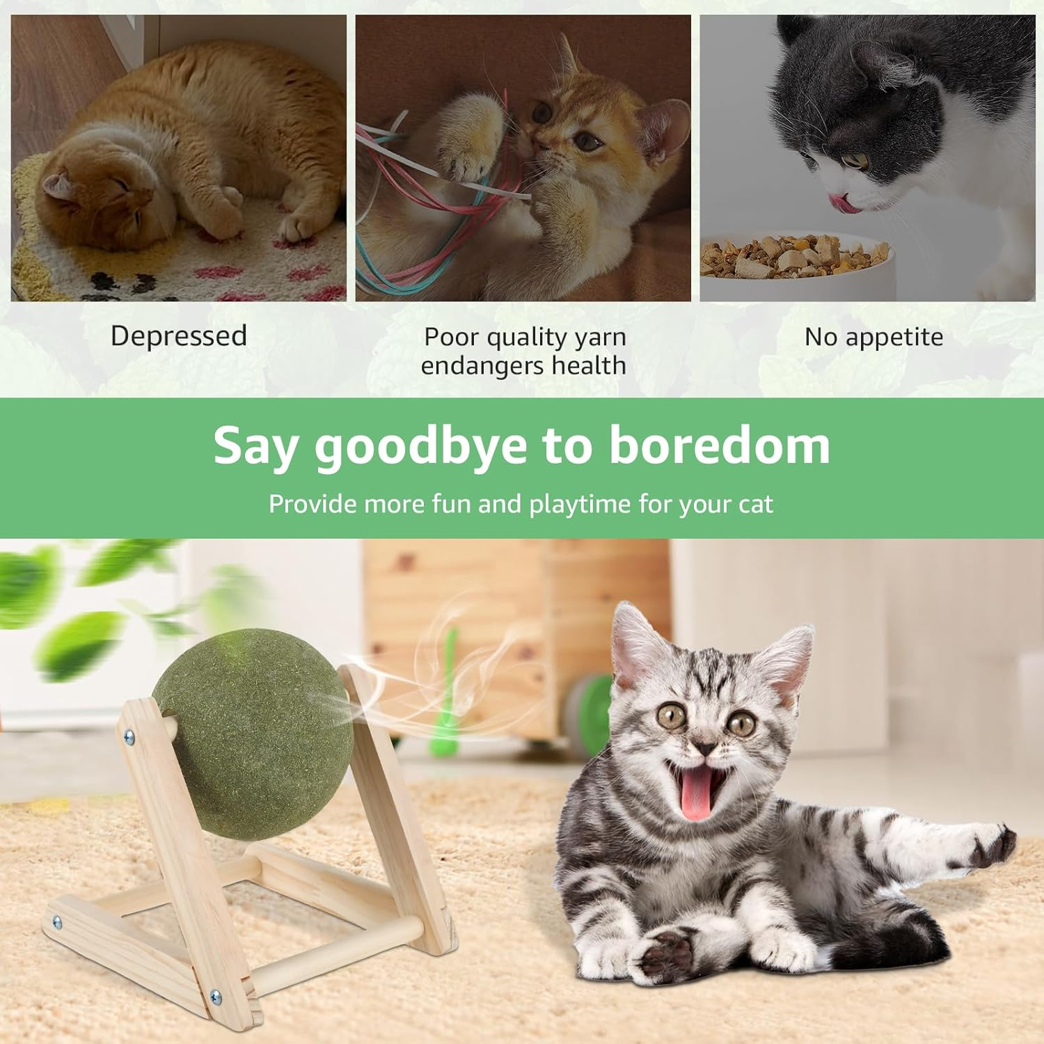 Cat Mint Ball Toy, Catnip Floor Ball Toy with Wood Stand, Rotatable Catnip Roller Ball Floor Mount, Interactive Catnip Floor Toys for Cat Playing and Training (Large)