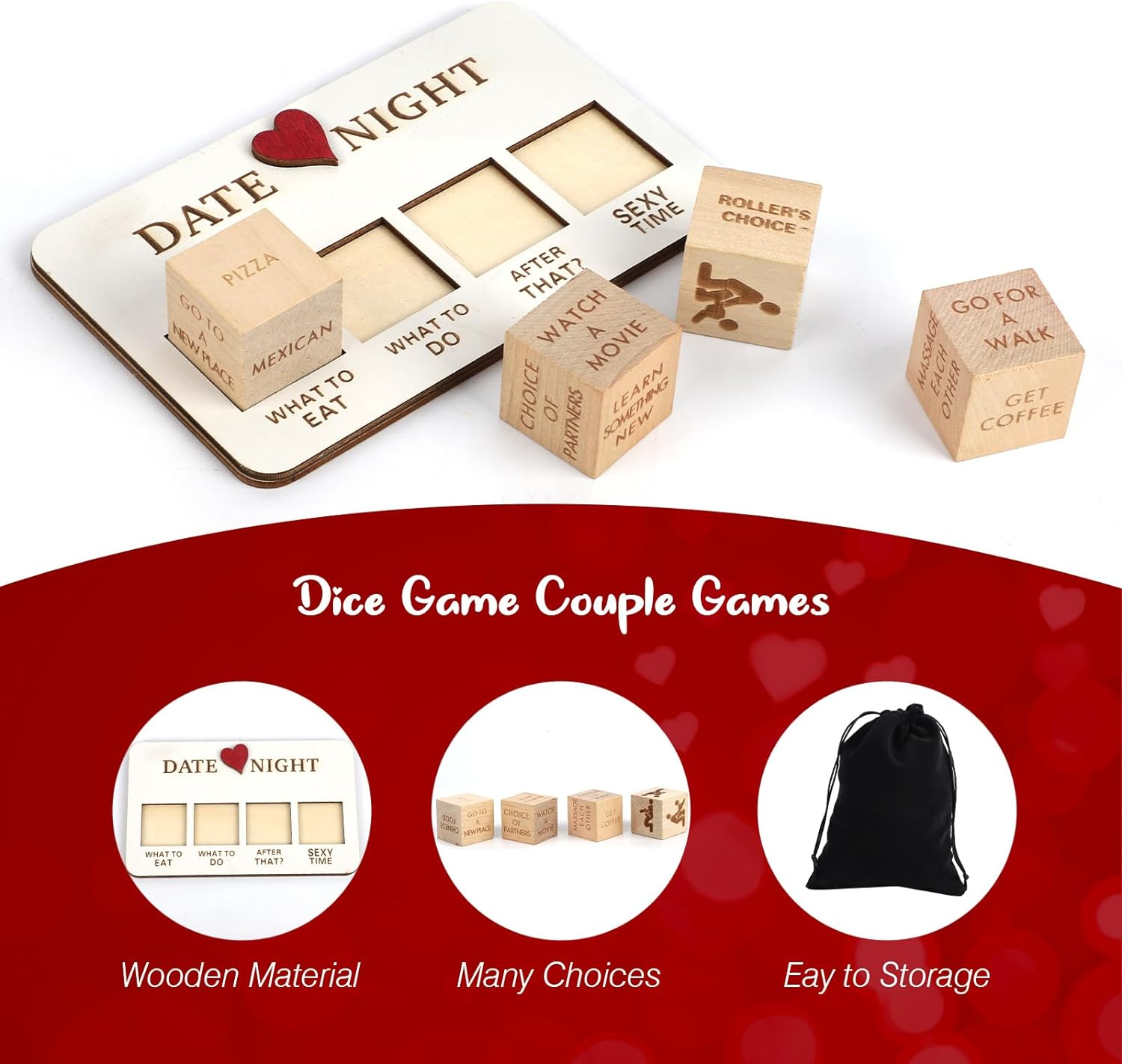 Wooden Date Night Dice, Romantic What to Do Date Night Couples Games with Pouch Storage, Novelty Action Decision Dice Games Date Night Ideas for Couples, Valentine'S Day, Birthday image number 3
