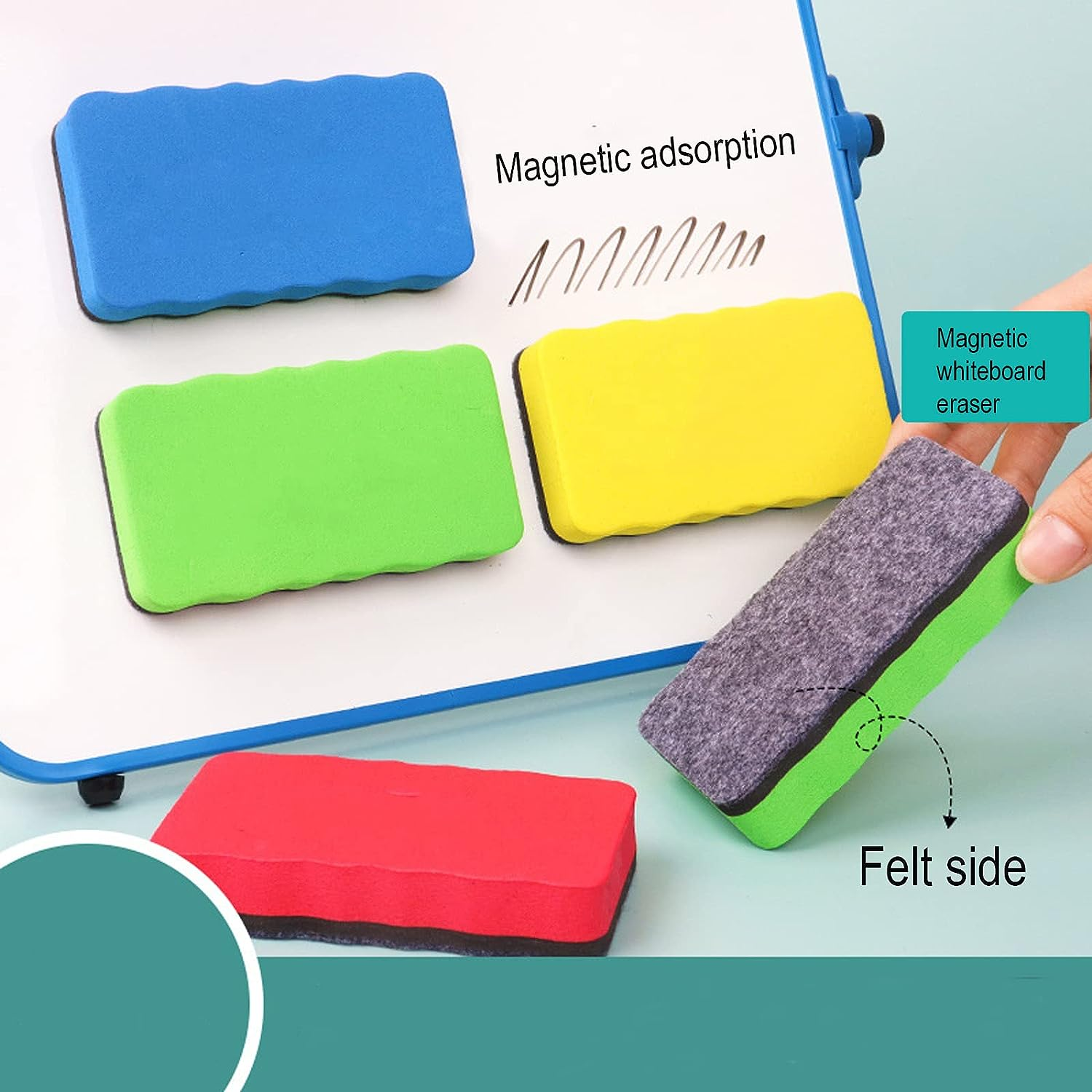 Magnetic Whiteboard Eraser, 10 Pcs Dry Eraser with Thick Felt Pad, Dry Erase Whiteboard Cleaner for Students Home Office (5 Colours)