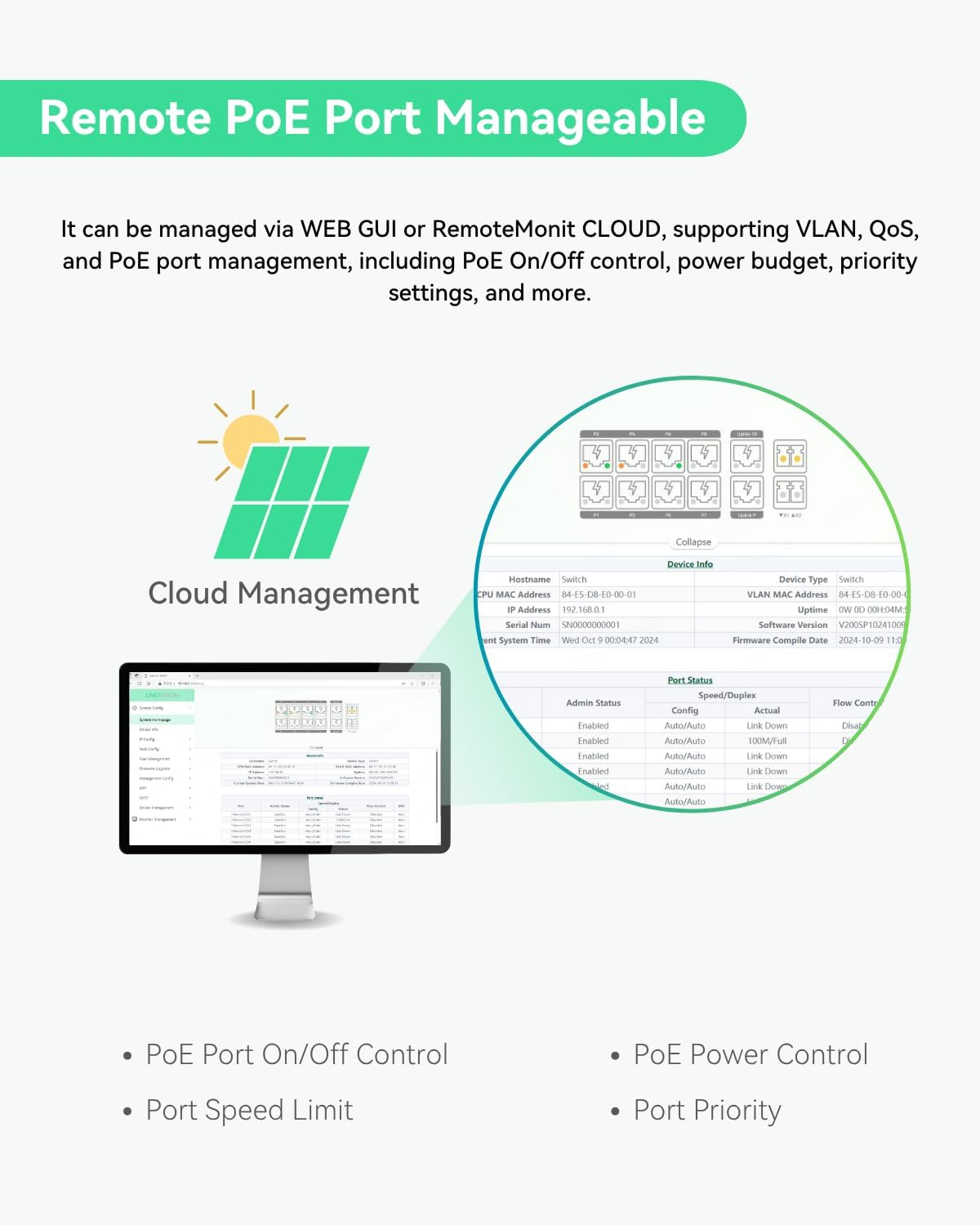 LINOVISION 8 Ports Ultrareach Poe Switch Max 2600Ft (800M) Long-Range Poe, 2 High Poe+ Ports, Remote Cloud Managed, Built-In 120W Power Supply for IP Cameras, PTZ, Access Points, and Voip Devices image number 4