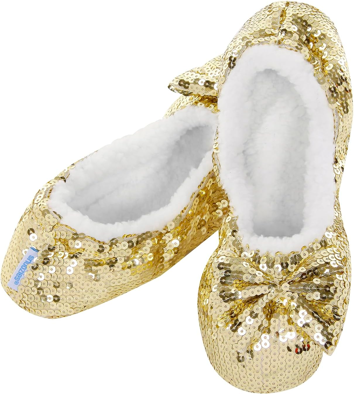 Snoozies Womens Bling Soft Soled Slippers with Gel Grip. Warm Sherpa Fleece Lining. (UK 3-4