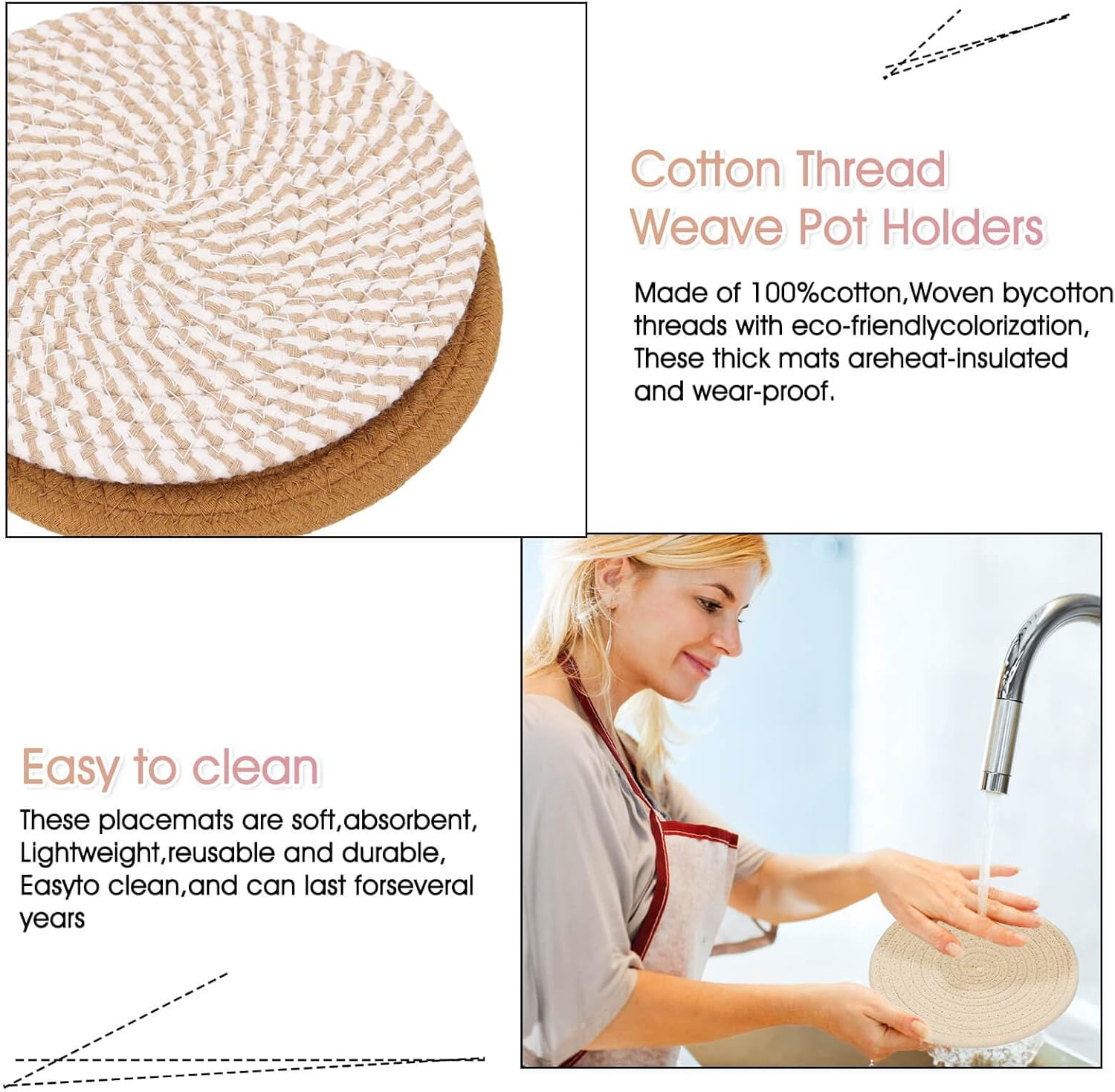 Trivets for Hot Pots and Pans, 6 Pieces Boho Rivets for Hot Dishes, Pot Holders for Kitchen, Hot Pads for Countertops, Boho Home Decor, House Essentials for New Home, 11.8 Inches and 7 Inches - Grey image number 6