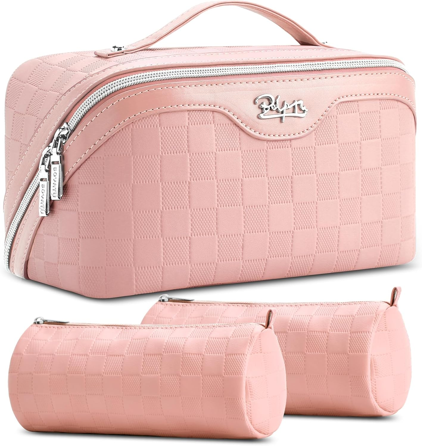 BOYATU Travel Makeup Bag Cosmetic Bags for Women: Large Capacity 3 Pcs Set Make up Bag with Compartments - Waterproof Vegan Leather Toiletry Organizer Bags with Handle (L02 Light Pink)