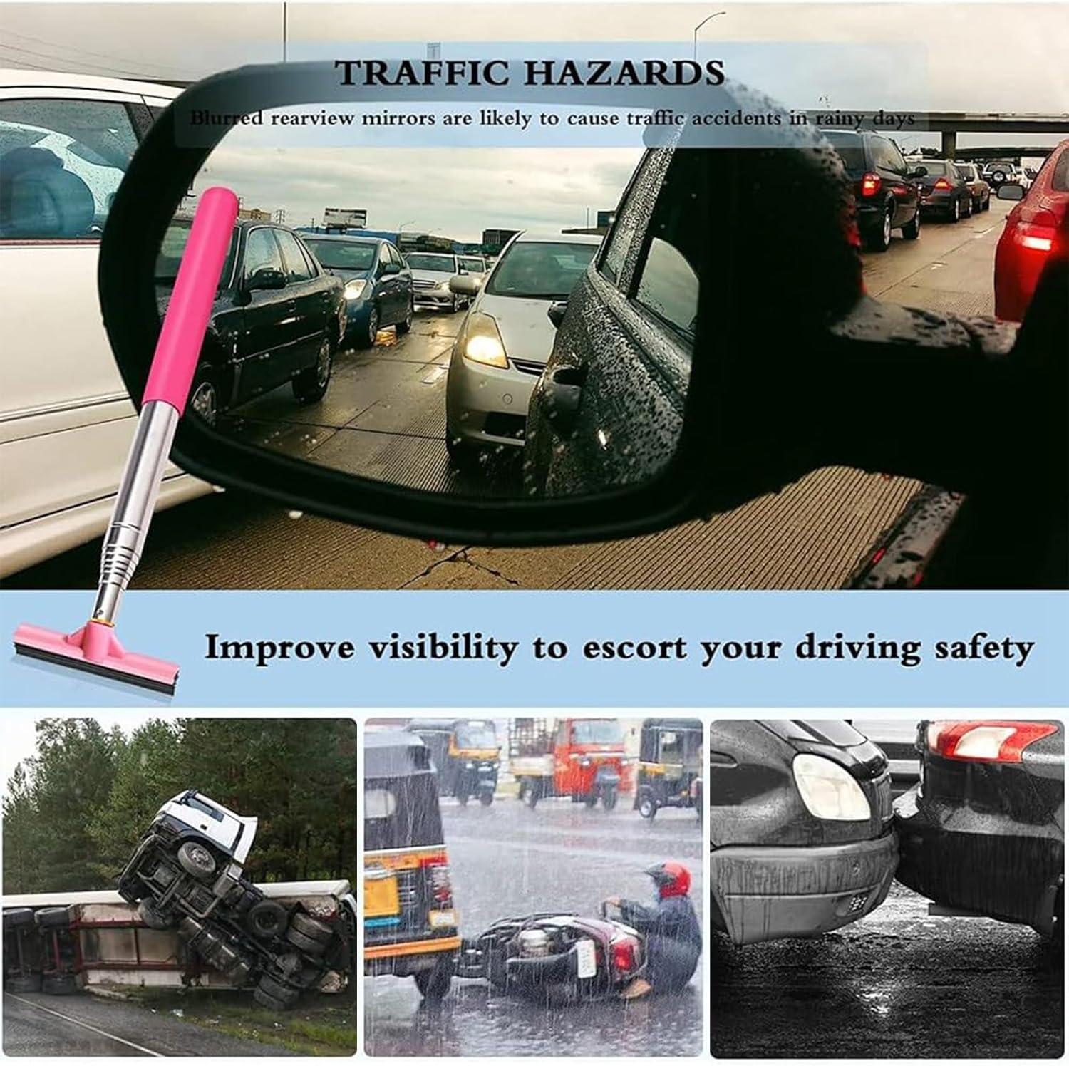 Side Mirror Squeegee, 2 Pcs Car Mirror Squeegee,Retractable Car Rearview Wiper for All Vehicles(Black/Pink)