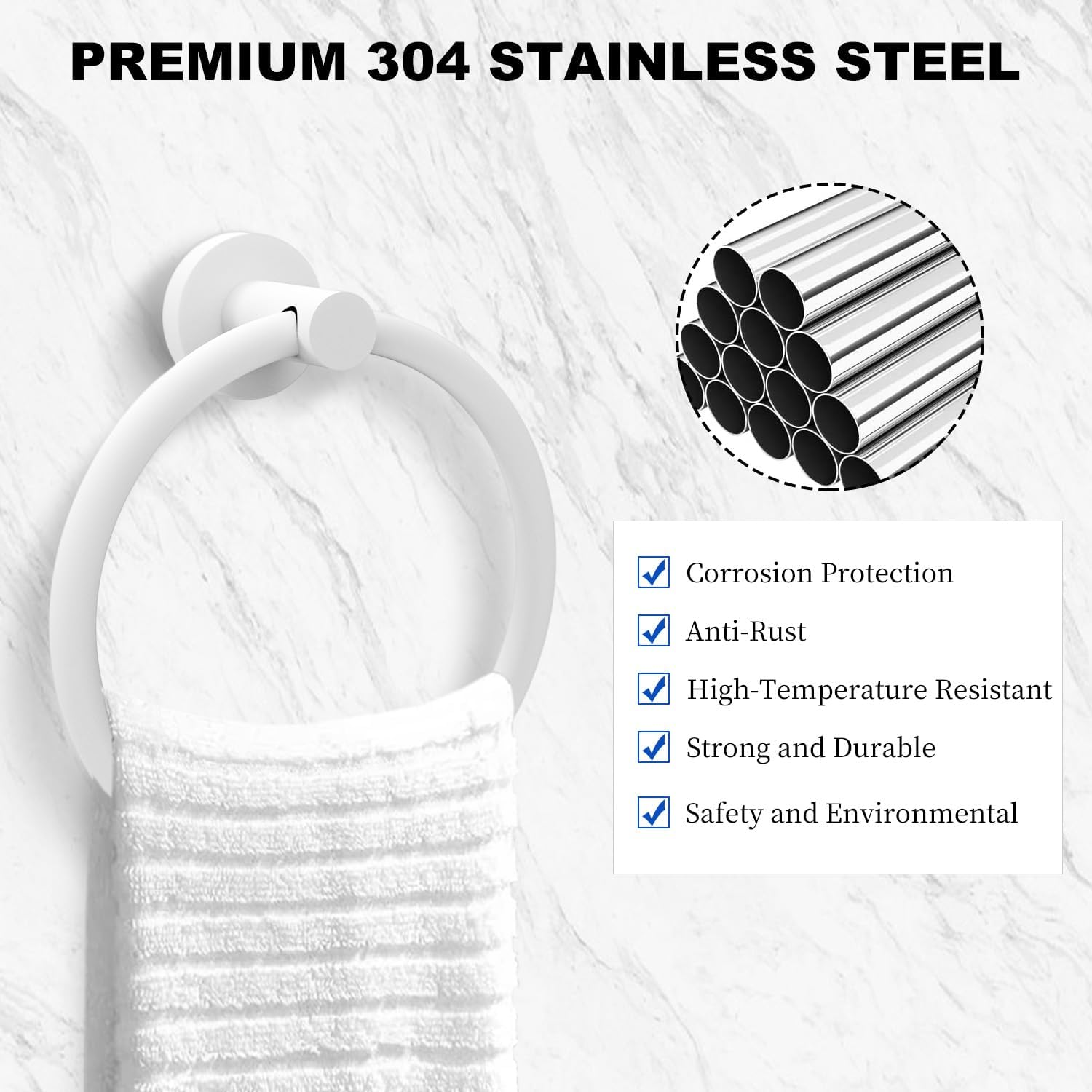 Cilee White Towel Ring for Bathroom，Bath Towel Ring, Bathroom Hardware Accessories，Hand Towel Holder SUS304 Stainless Steel Bathroom Towel Rack，Towel Hanger for Bath Wall Mount image number 3