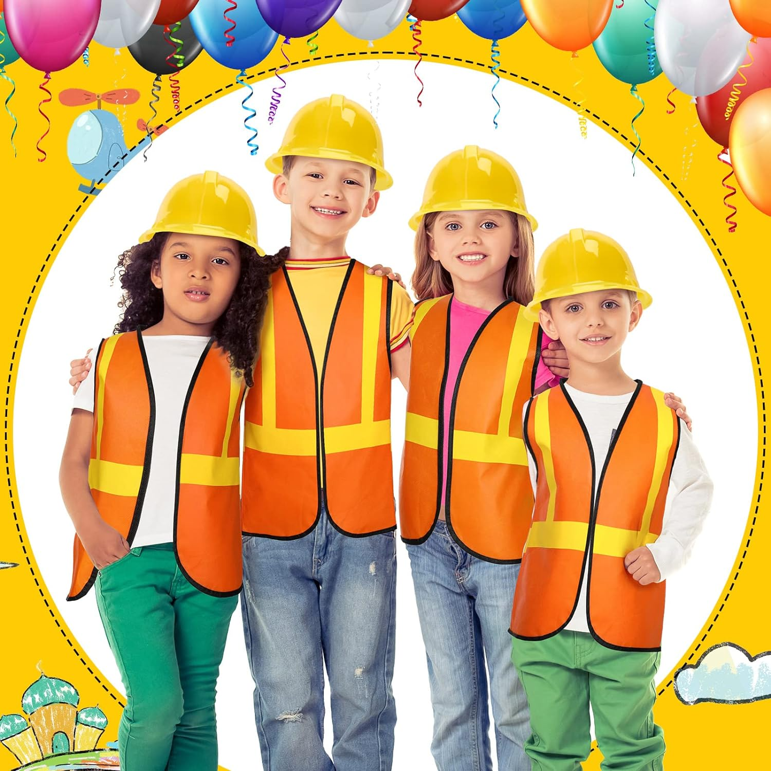 72 Pcs Construction Worker Costume for Kids Including 36 Construction Hat and 36 Construction Vest Construction Theme Birthday Party Supplies for Dressing up Supplies Birthday Role Play Accessories image number 3