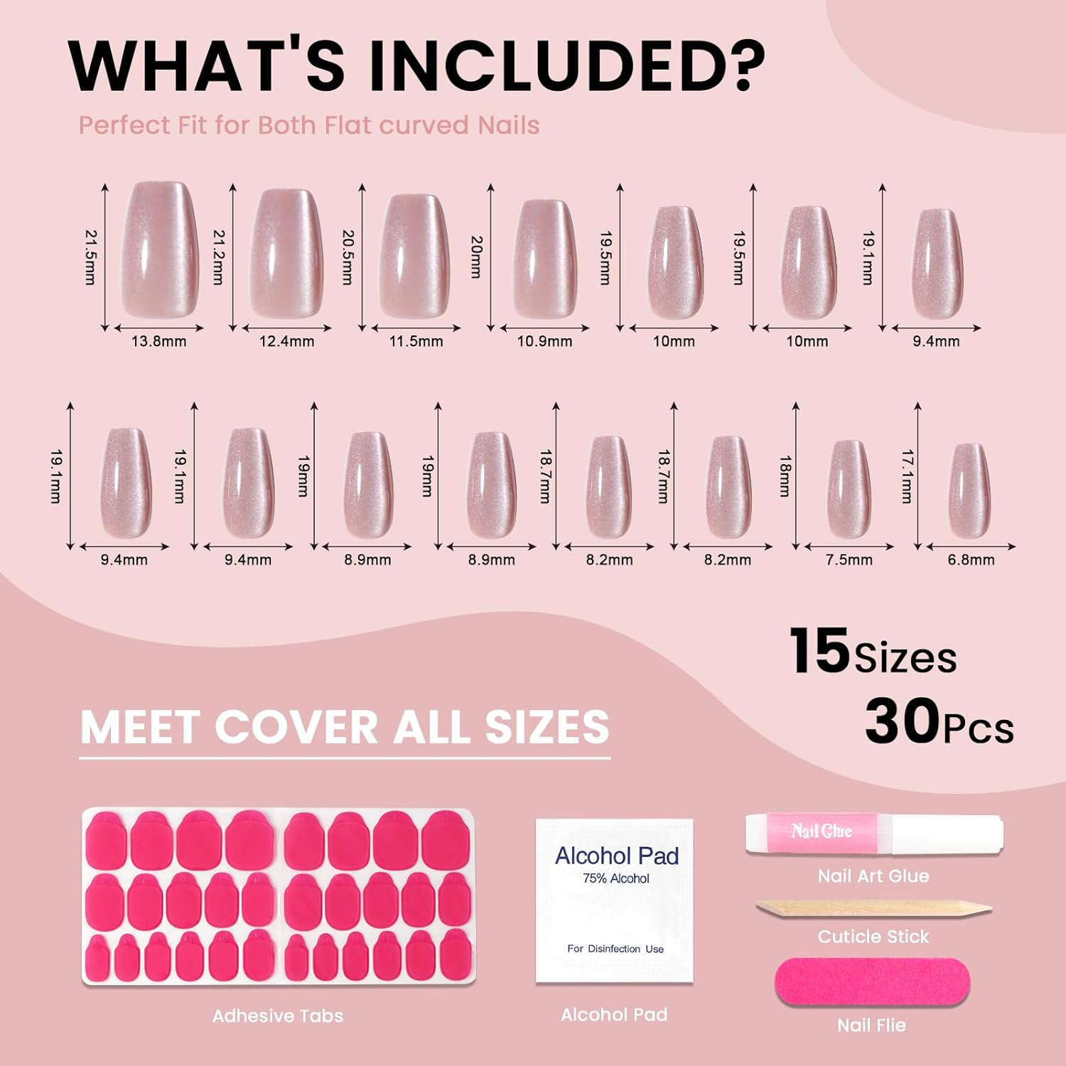 Noerrors Jelly Cat Eye False Nails Pack of 30 Short Square Naked Pink Glass Pressure Nails with Glitter, Shimmer, Acrylic and Gel Glue for Sticking False Nails image number 1