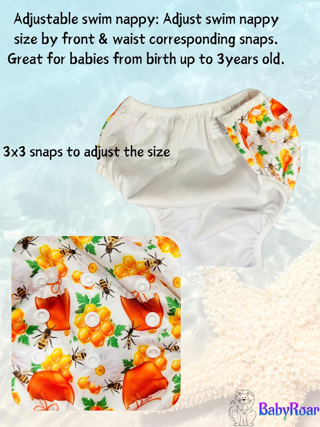 Reusable Swim Nappy for Babies & Toddlers &ndash; Adjustable One Size with Snaps + BONUS Wet & Dry Bag with Double Zipper (Dual Pockets Keep Wet & Dry Items Separate) &ndash; Leak-Proof, Eco-Friendly. Perfect for Water Fun! One Size Fits All! (Honey Bee Delight) - Large image number 4