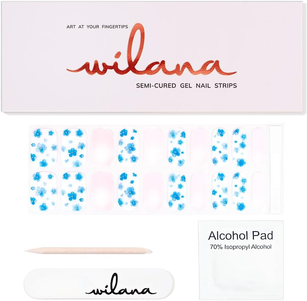 Wilana Gel Nail Stickers - Long-Lasting Semi-Cured Gel Nail Strips - Blue Flowers with Pale Pink (Whisper) image number 4