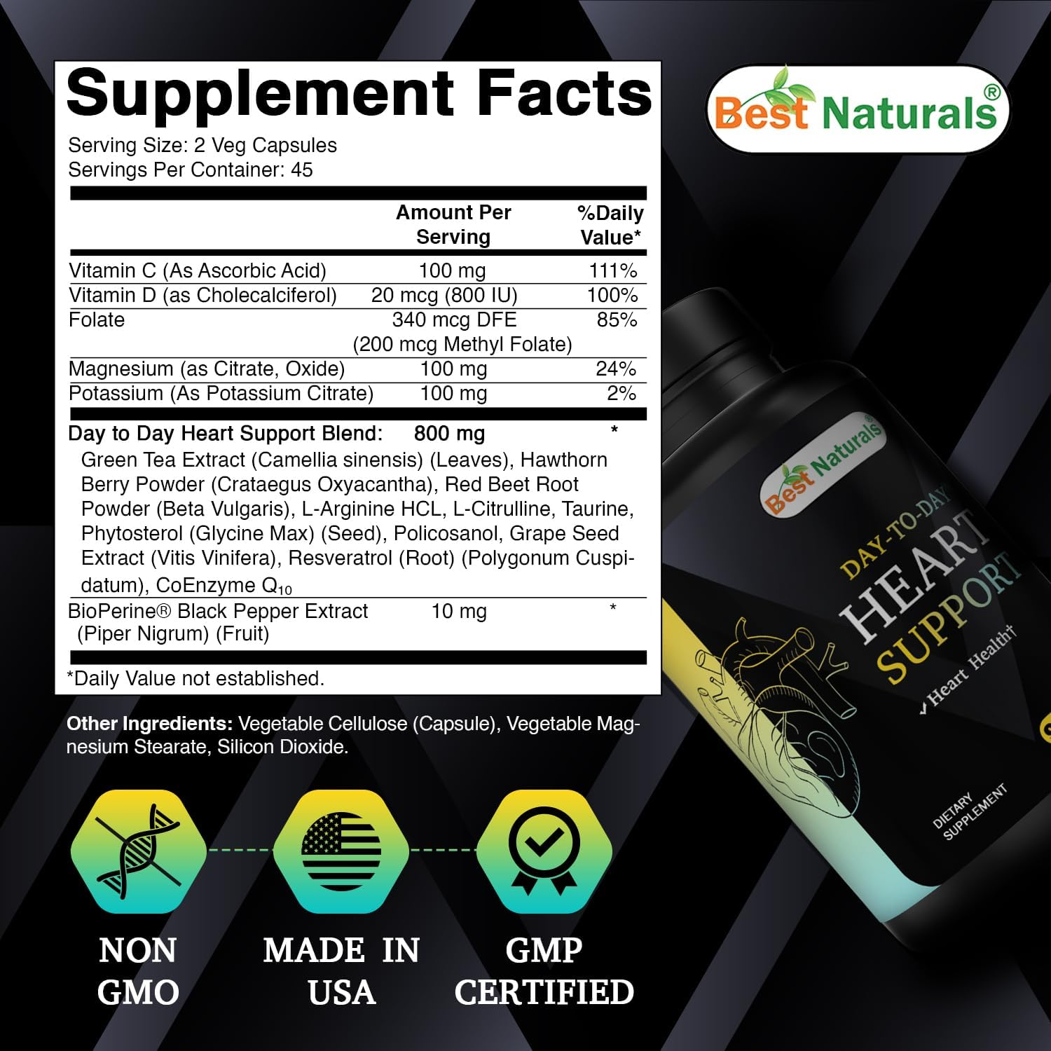 Best Naturals Day-To-Day Heart Health Support with Folate, Green Tea, Hawthorn, Beet Root, L-Arginine, L-Citrulline, Phytosterol, Resveratrol, Coq10 90 Veg Capsules image number 5