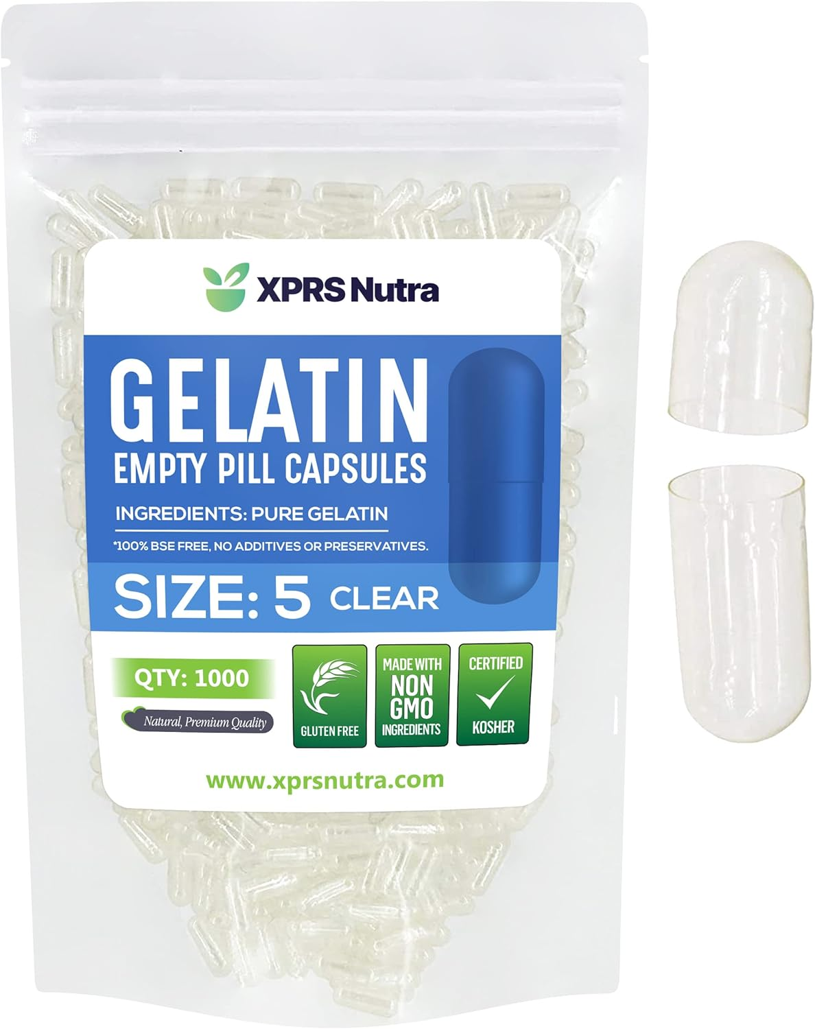 Capsules Express - Size 5 Clear Empty Gelatin Capsules- Kosher Certified - Gluten-Free Pure Bovine Gelatin Pill Capsule - DIY Powder Filling (1000) image number 5