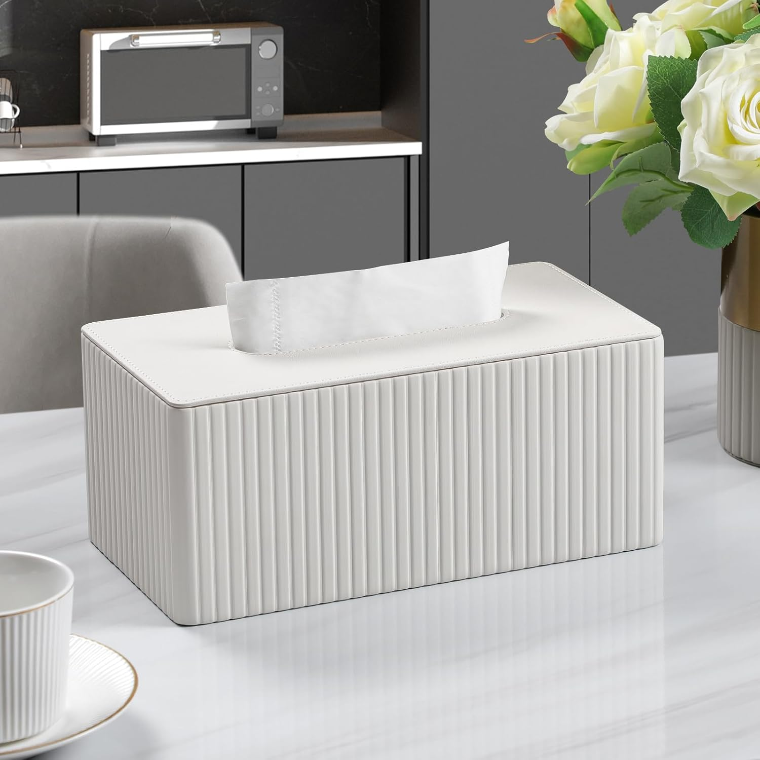 Stylish PU Leather Rectangle Tissue Box Cover with Magnetic Bottom for Bathroom Bedroom Office (White Stripes) - Black image number 2