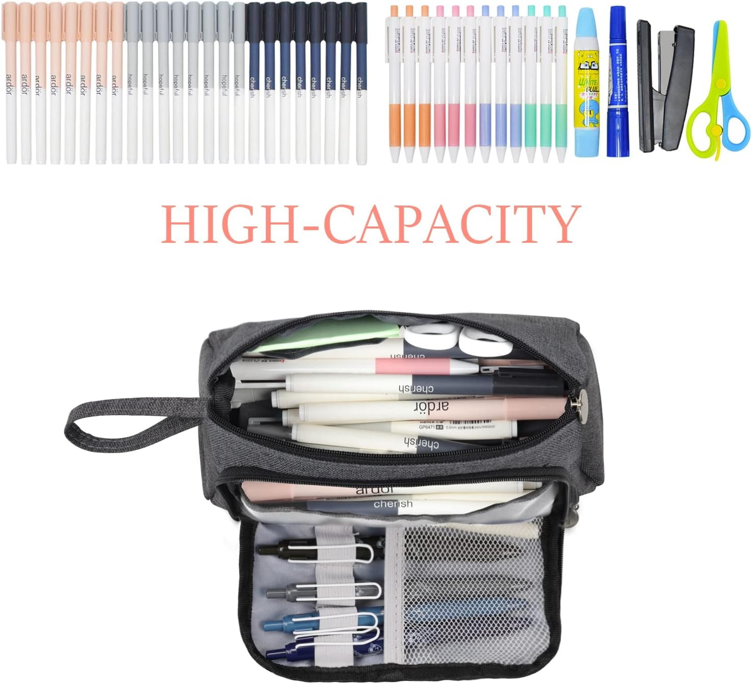 Mokani Big Capacity Pencil Case, Canvas Pen Pencil Pouch with Handle, Stationery Storage Cosmetic Bag Middle High School College Office Organizer for Students Girls Teens Adults, Gray - Gray image number 2