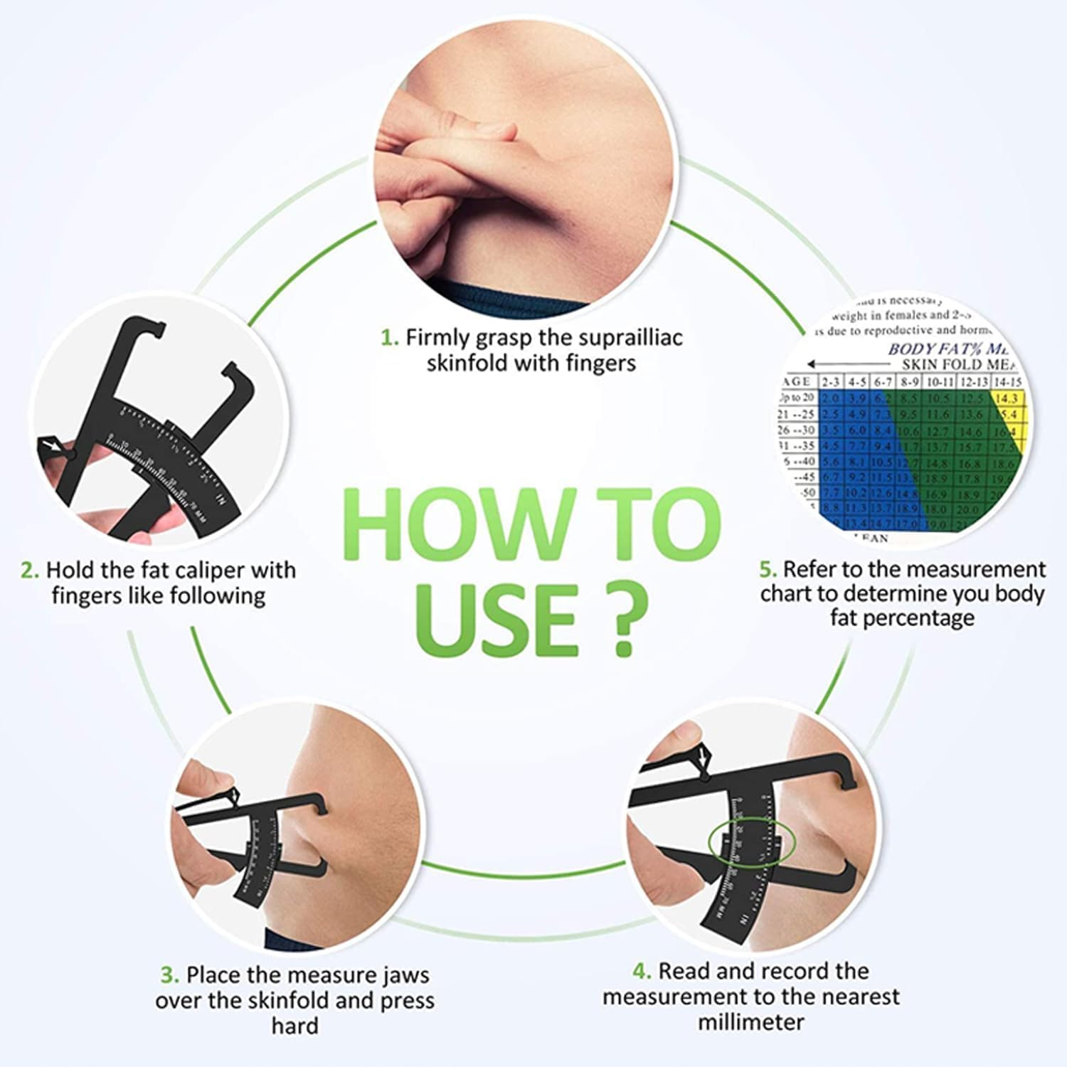 Body Fat Caliper &ndash; Professional Skinfold Caliper for Accurate Body Fat Measurement, Fitness & Weight Loss &ndash; Durable ABS Muscle Fat Tester for Men & Women &ndash; Portable Body Composition Tool (White) - Black image number 2