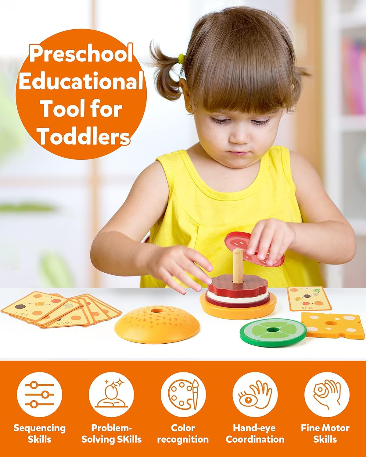 Vanmor Wooden Stacking Burger Montessori Toy for 3+ Years Old, Pretend Playing Food Hamburger Puzzle Pattern Games, Educational Activities Teaching Tool for Preschool Fine Motor Skills for 3 4 5 image number 6