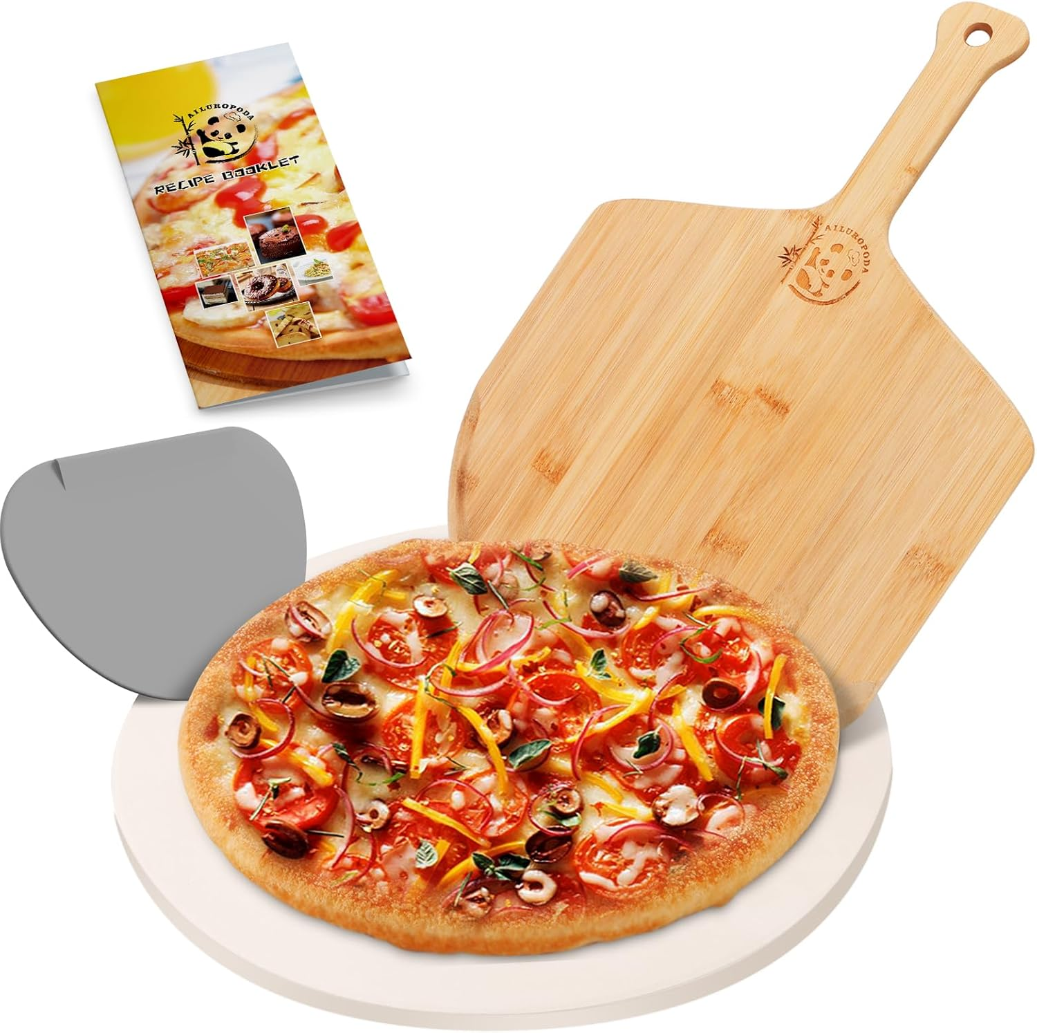 AILUROPODA 15 X 12" Rectangle Pizza Stone with Bamboo Pizza Peel, Cleaning Scraper and Recipe Cordierite Baking Stone for Oven and Grill Pizza Stone for Grill Thermal Shock Resistant