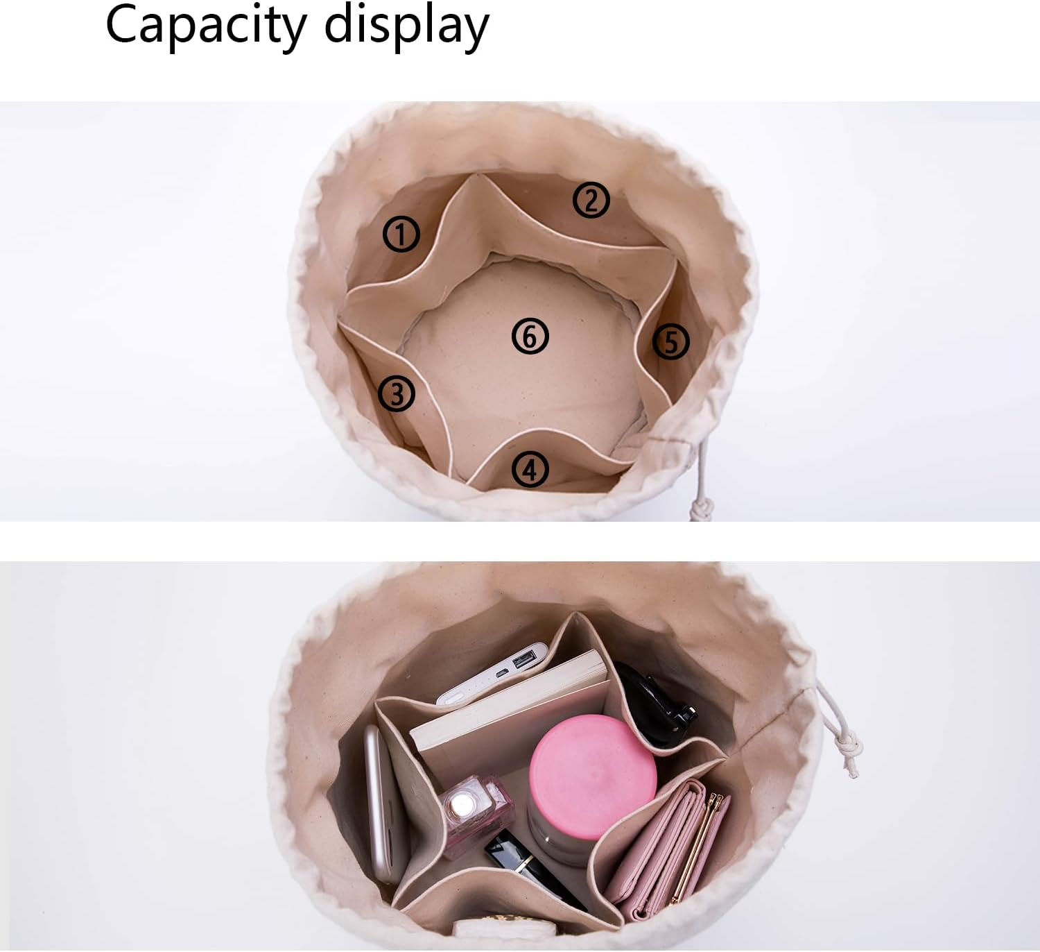 YONBEN Tall Purse Organizer Insert Womens Canvas round Handbag Organizer Storage,Handbag Purse Organizer round Cosmetic Pouch Bag Bucket Makeup Bag (Beige, M)&hellip; image number 5