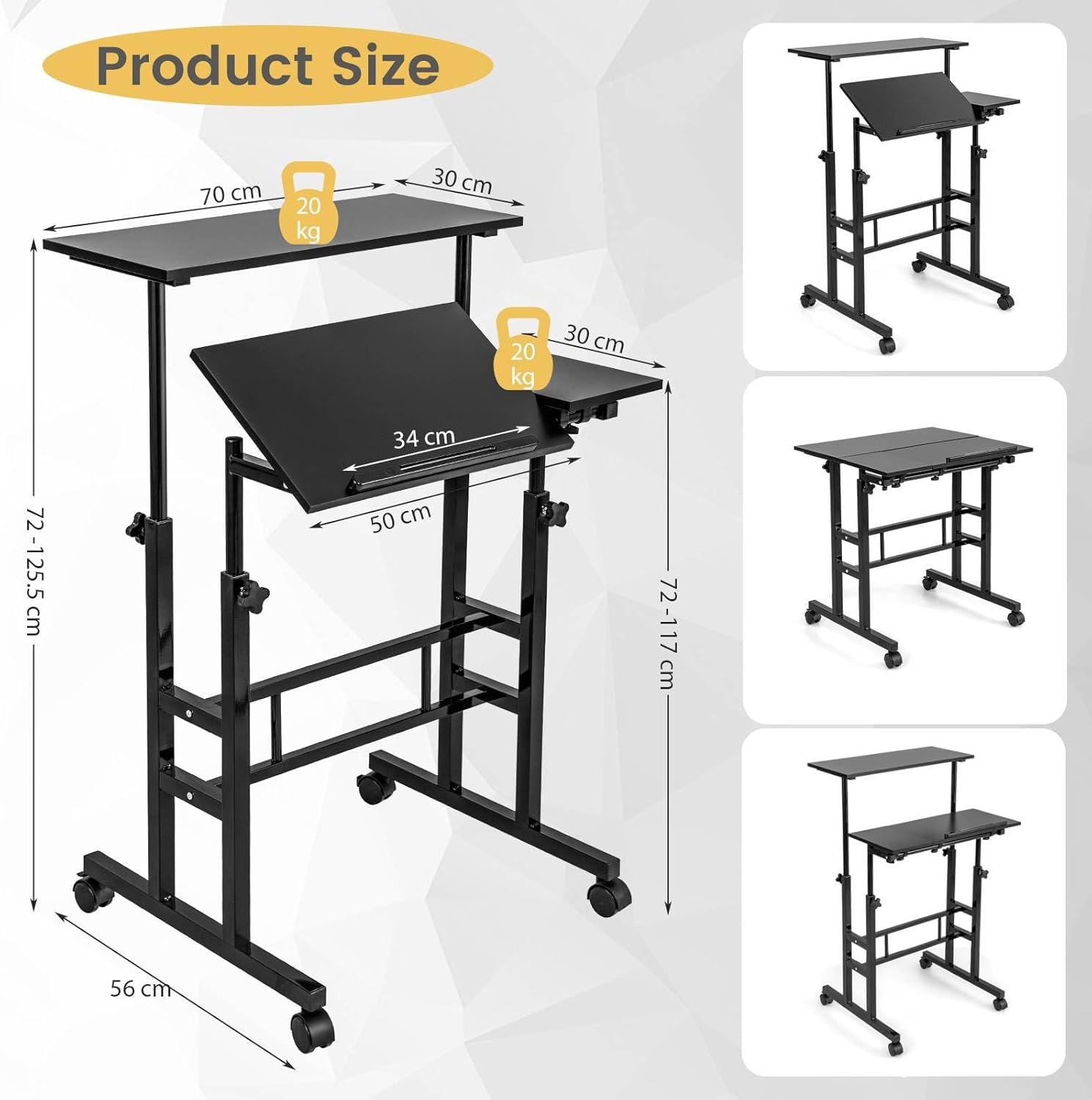 Costway Mobile Standing Desk, Laptop Cart W/Flip-Over Desktop, Portable Stand up Desk, Overbed Table W/Wheels, Computer Desk for Standing or Sitting, Height Adjustable Workstation for Home & Office image number 3
