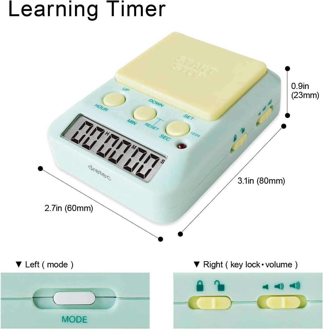 Dretec Learning Timer, for Studying, Large Button, Count Function until the Target Date, Green, Yellow, Officially Tested in Japan(1 Starter AAA Battery Included) Functions - Pink image number 7