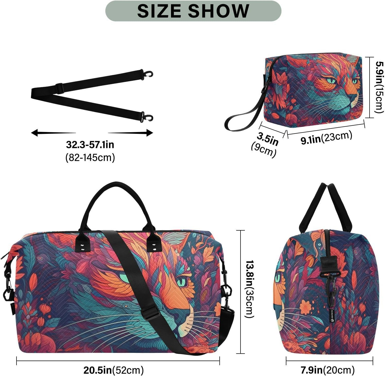 Duffel Bag Set with Toiletry Bag for Travel Gym Sport, Luggage Sleeve Weekender Bag Carry on Overnight Bag-Art Cat Portrait Print, Multicolor, 20.5 X 7.9 X 13.8 Inches+9.1 X 3.5 X 5.9 Inches image number 4
