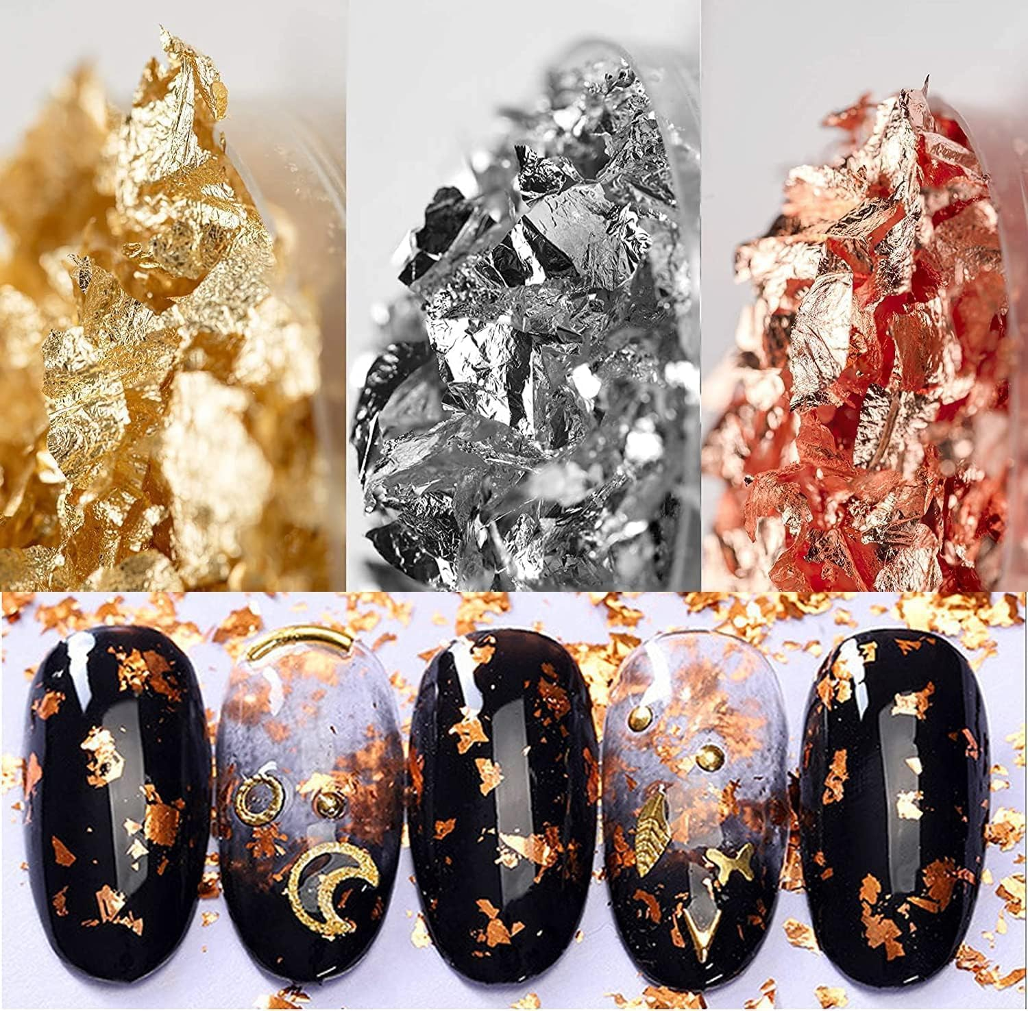Betterjonny 45G Foil Flakes - 3 Colors Imitation Gold, Silver, Rose Gold Metallic Leaf for Decoration, Arts, Nail Painting, Gilding, Crafting image number 5