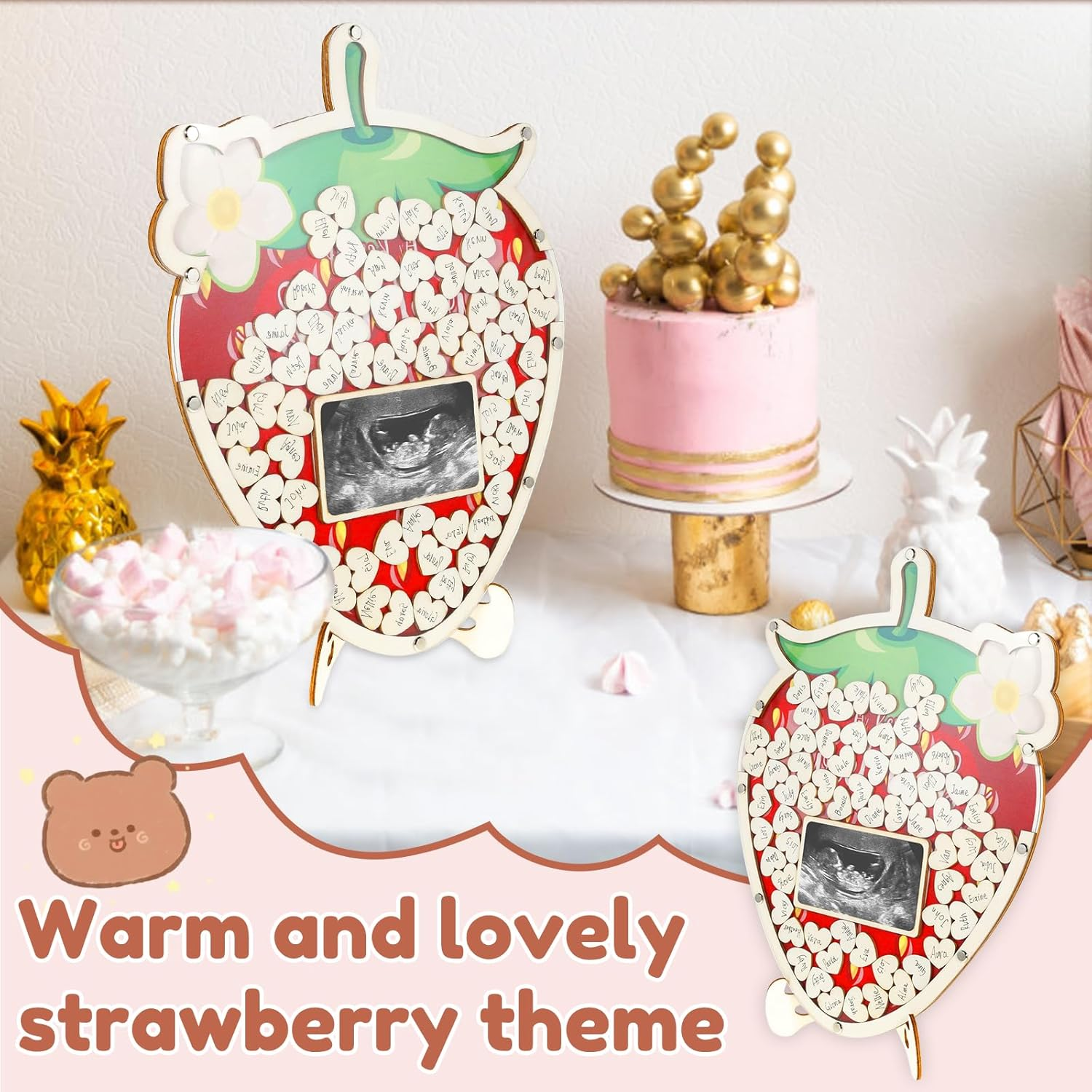 Strawberry Baby Shower Guest Book Decoration with Photo Frame and 60 Wood Slices Wood Guest Book Alternative a Berry Sweet Baby Is on the Way Decor for Birthday image number 1