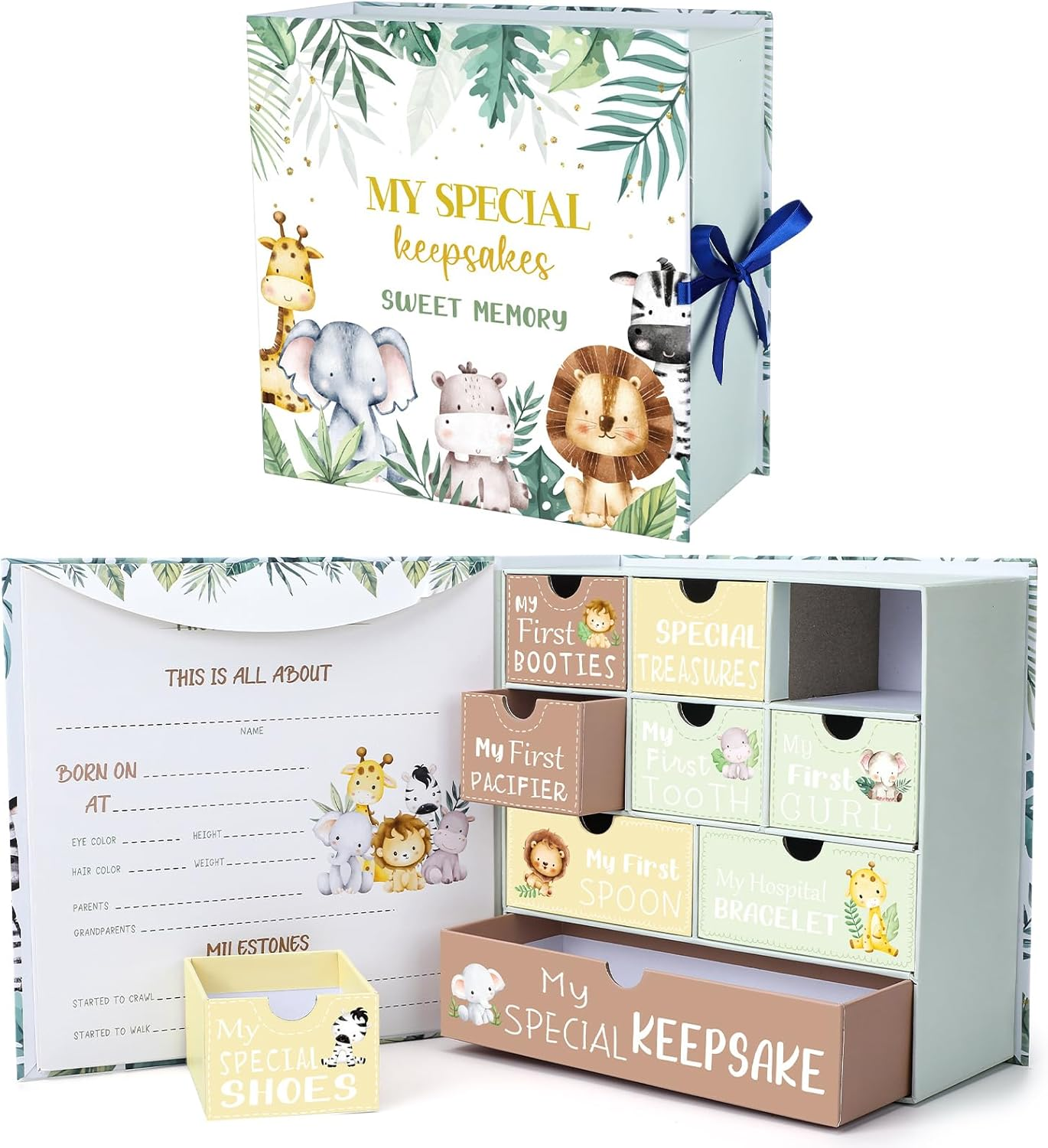 Baby Keepsake Box Newborn Memory Organizer with 9 Labeled Compartments Newborn First Keepsake Book Gift Box for Pregnancy Gender Neutral Baby Shower Maternity image number 3