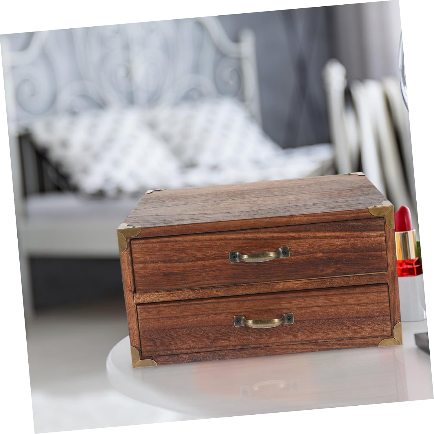 Wooden Drawer Storage Cabinet Two Drawers Desktop Organizer for Stationery Makeup Bedroom Storage Tabletop Style Holder image number 2