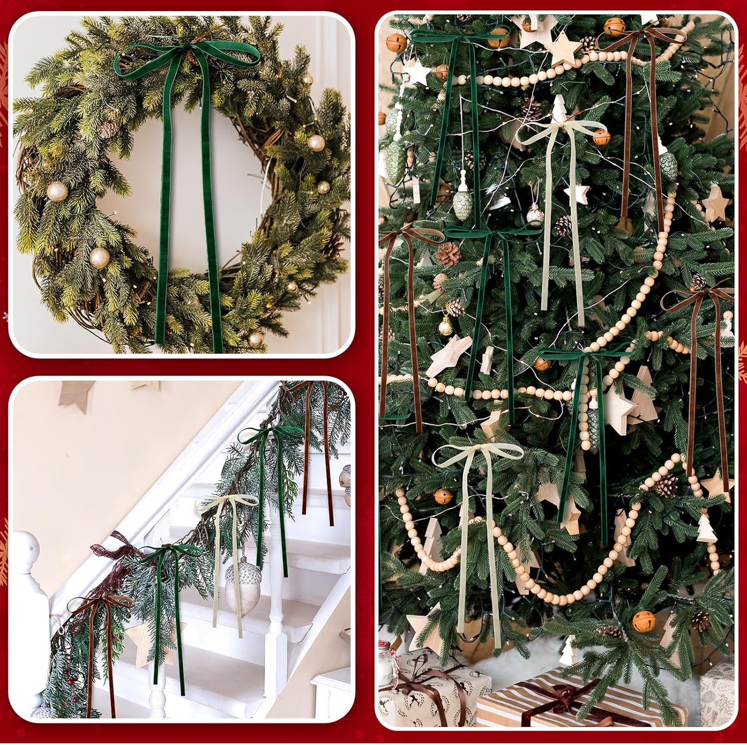 Brown,Dark Green,Beige 24 Pcs Velvet Bows Christmas Tree Ornaments Valentines Day Bows Decoration for Garland Home Coquette Wedding Decor (9 X 13 Inch,Width of 3/8") image number 1
