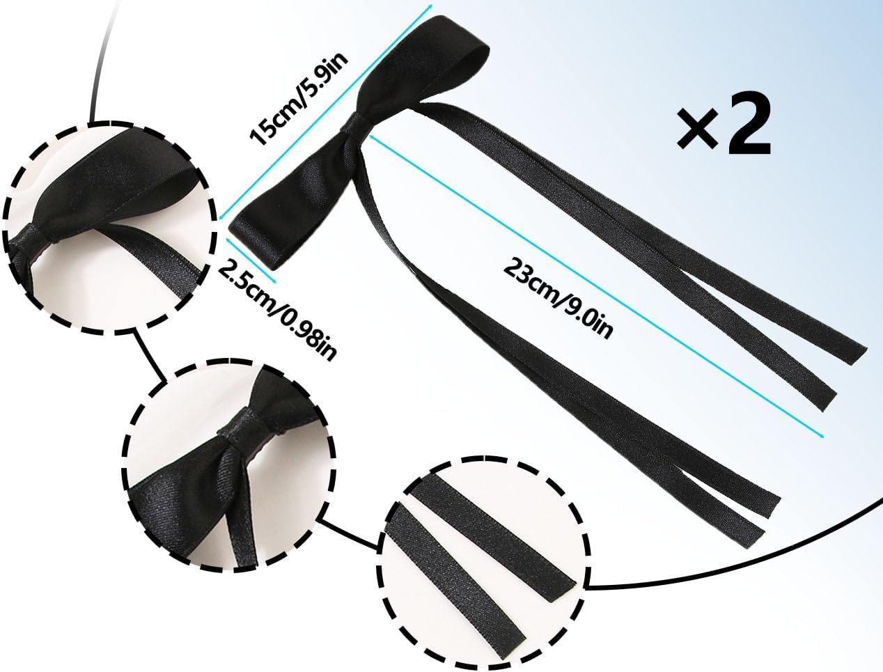 Lhbwhiz Pack of 2 Hair Bows, Silky Hair Clips, Satin Hair Pins, Hair Scrunchie, Band with Bow, Metal Hair Clip, Ponytail Holder, Hair Bow Clip, French Tassel, for Girls Hair Decoration (Black) image number 2