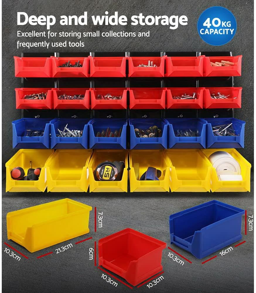 Giantz Storage Bin Rack, 24 Bins Garage Tool Storages Shelving Wall Mounted Toolbox Shelf Bracket Home Workshop Garden Organiser, 40Kg Capacity Stable Steel Backboard Multicoloured image number 4