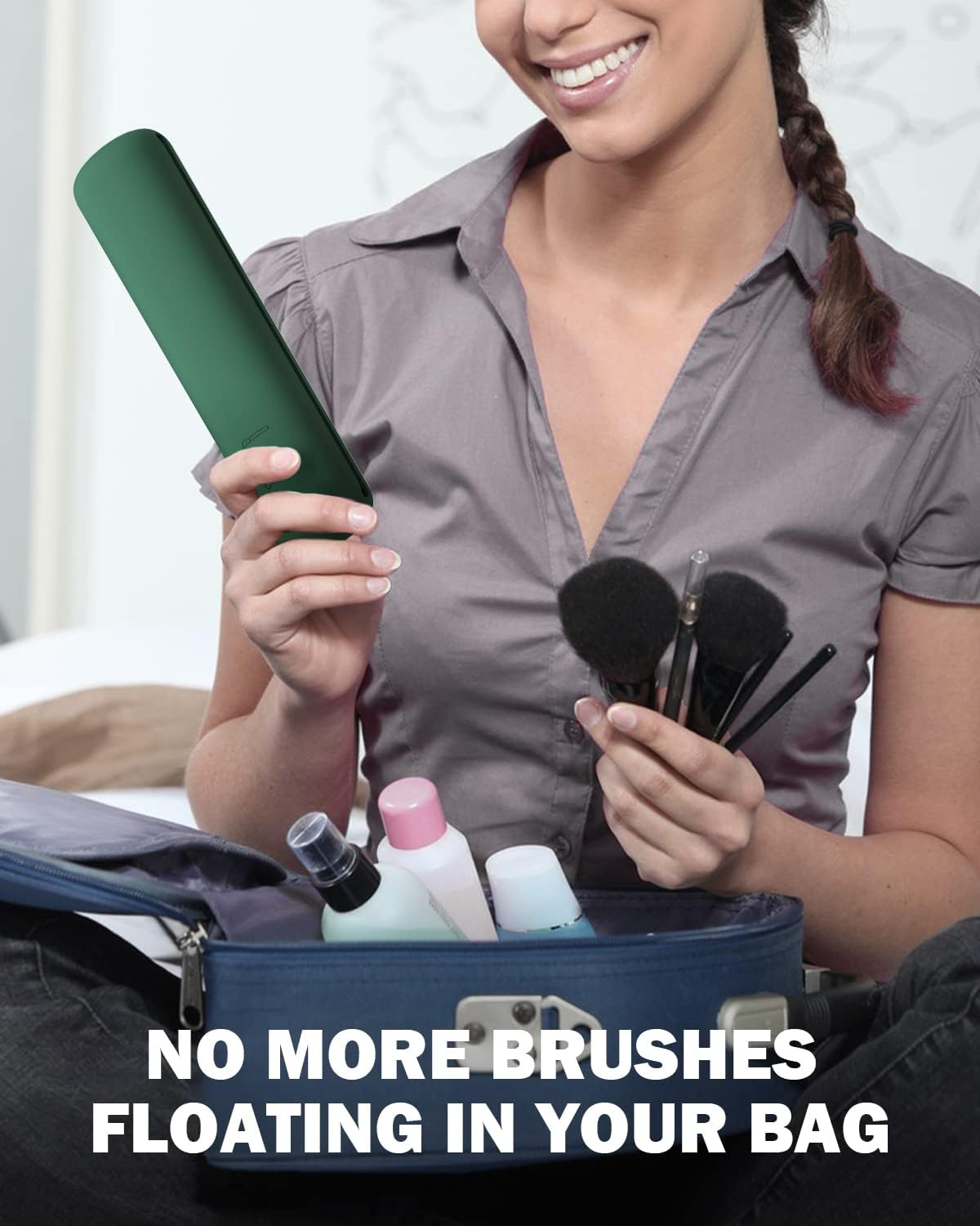 BEZOX Travel Makeup Brush Holder with Strong Magnetic Buckle, Silicone Make up Brush Pouch Case, Cosmetic Brush Mini Bag - Green image number 4