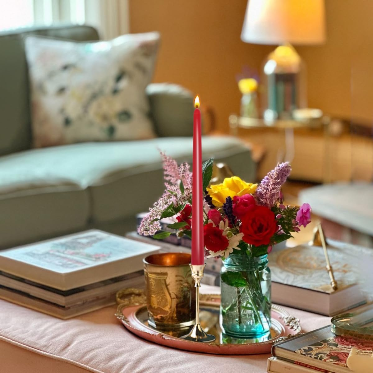 Set of 7 Red Colored Taper Candles, Dripless Unscented Skinny 10 Inch Tall Wax Candlesticks for Home Party Wedding Table Decoration image number 1