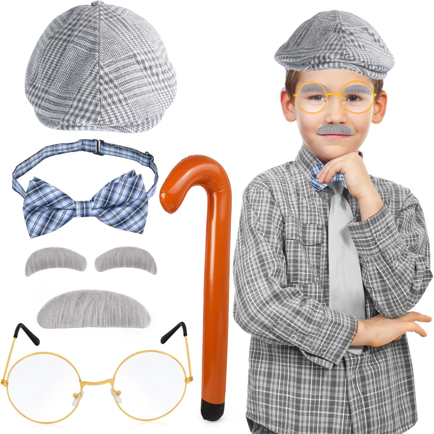 Yewong Kids Old Man Costume Beret Hat Mustache Eyebrows Inflatable Cane Glasses Bowite Grandpa 100 Days of School Cosplay