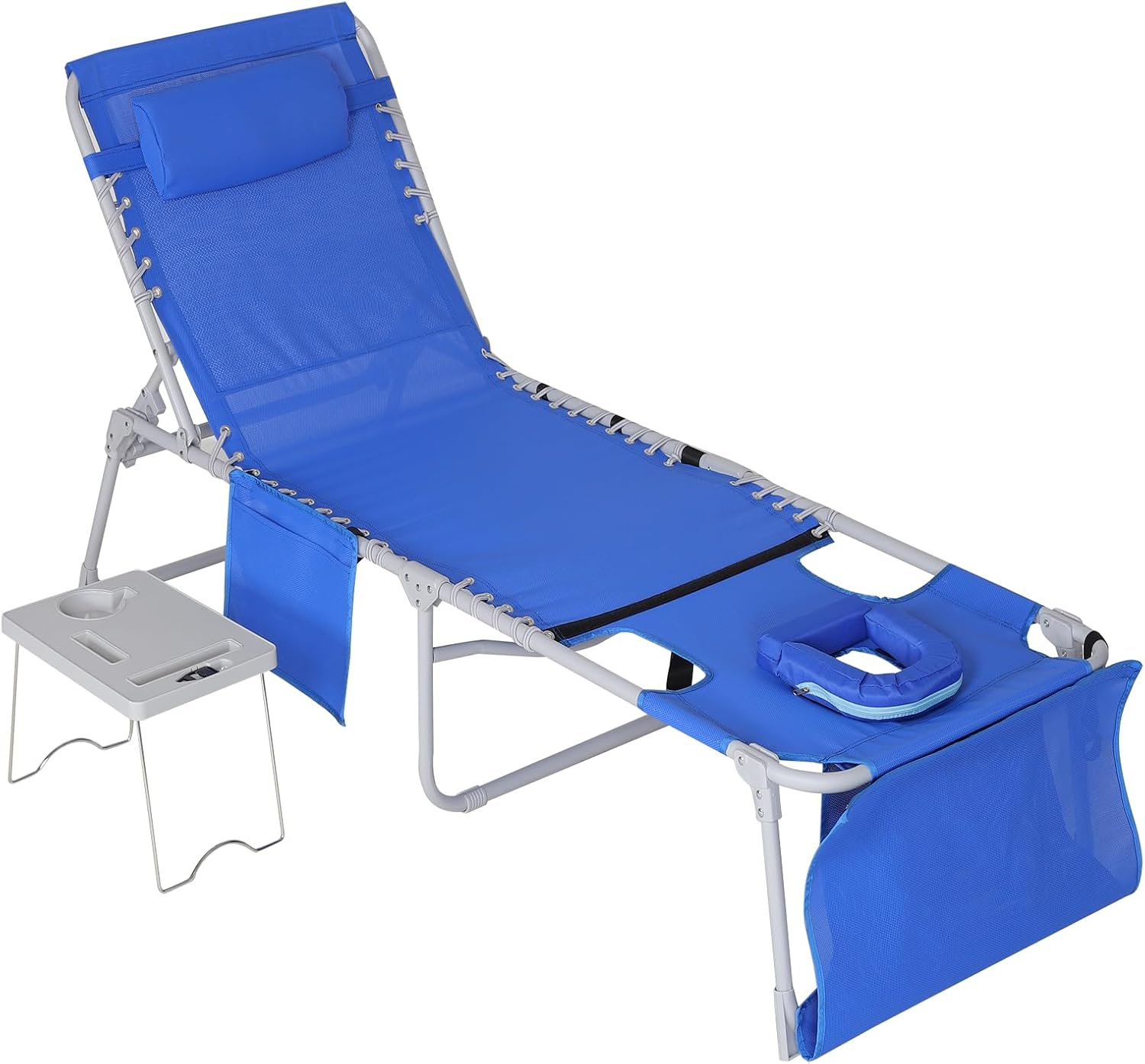 Dxzephious 3-In-1 Sun Tanning Chair with Face Holes, Breathable Chaise Lounge Chair Outdoor, 5-Position Recliner, Lay Flat, Folding Side Table, Removable Pillow, Max 330Lbs, Beach, Patio, Camping image number 3