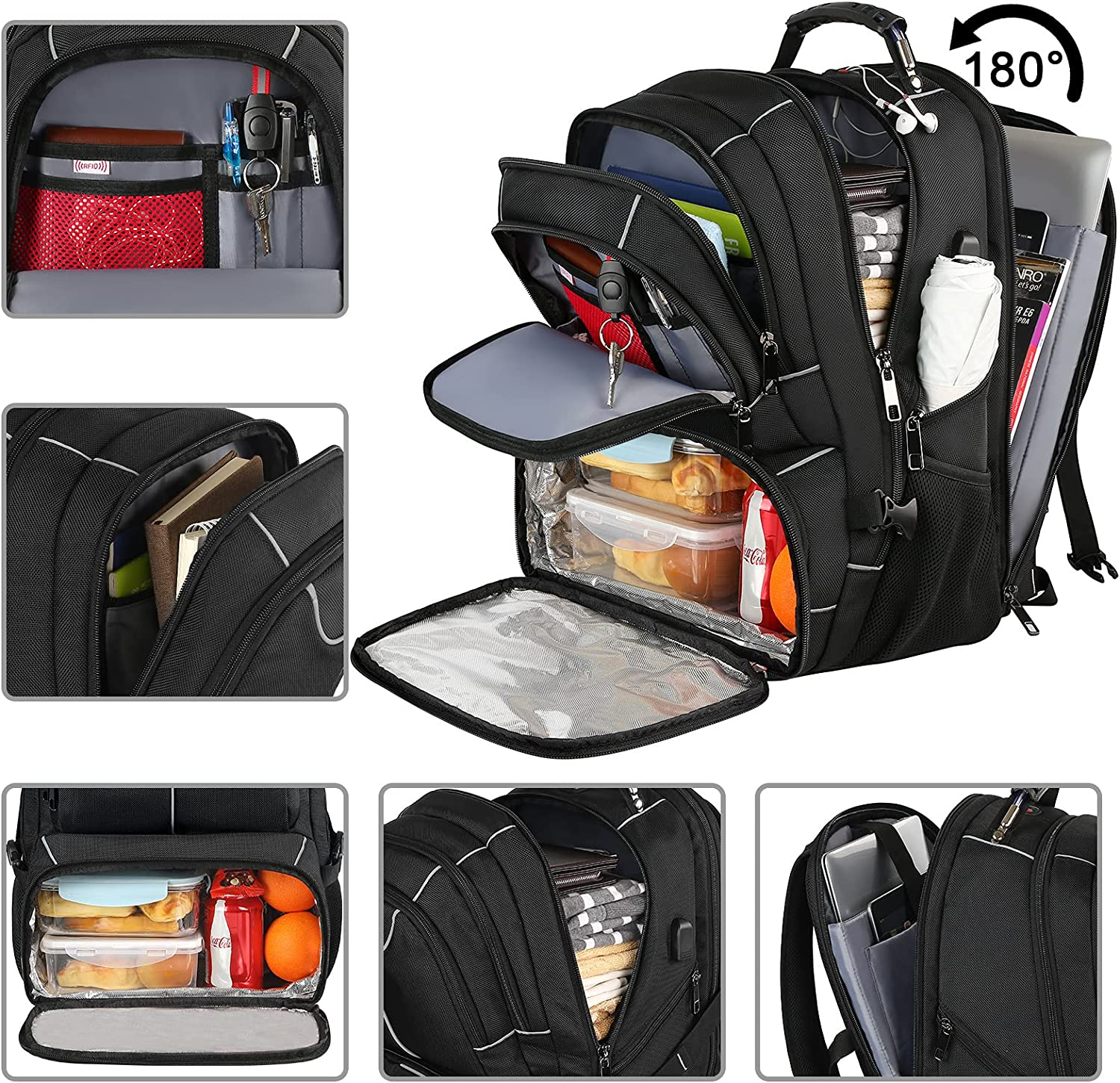 VECKUSON Lunch Bag Backpack, Insulated Cooler Lunch Box Backpack, Extra Large Travel Laptop Backpack TSA Friendly RFID Durable Computer College Bag with USB Port for Women Men Fits 17.3 Inch Laptop - Blue-Rfid image number 5