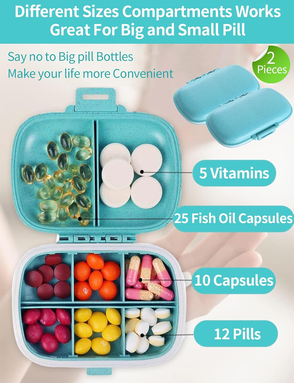 2 PCS Travel Pill Organizers, Daily Pill Organizers, 8 Compartments Portable Pill Cases, Pill Box to Hold Vitamins Cod Liver Oil, Small Pill Box for Pocket Purse Medicine Container Beige (Pink) image number 4