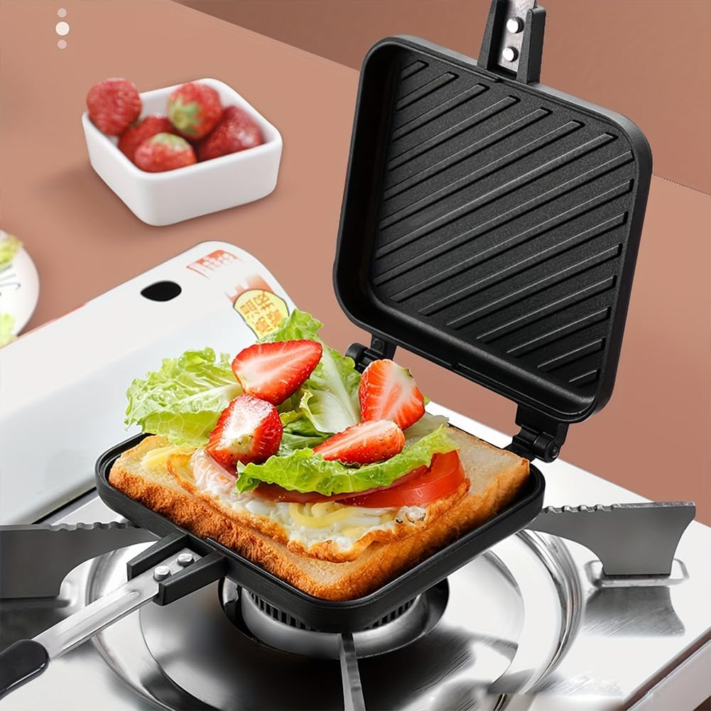Lwuey Stovetop Sandwich Maker, Grilled Sandwiches Panini Maker Pan with Non Stick Plates Aluminum Flip Double Sided Pan Toasted Frying Pans Press Baking Pot Toaster Grilling Breakfast Home Kitchen image number 4