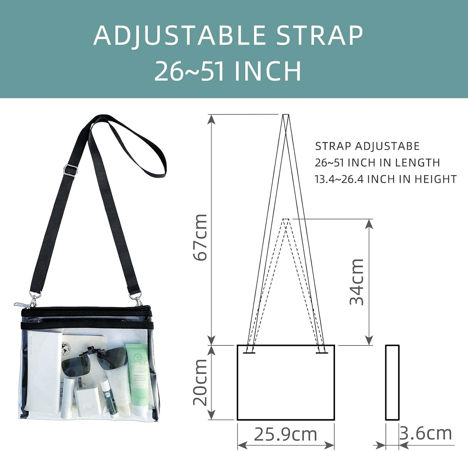 PVC Clear Crossbody Bag Stadium Approved, Transparent Gym Shoulder Bag, Clear Purse, Zipper Sling Style, Adjustable Shoulder Strap, for Sports Fans and Travelers, for Men & Women image number 1