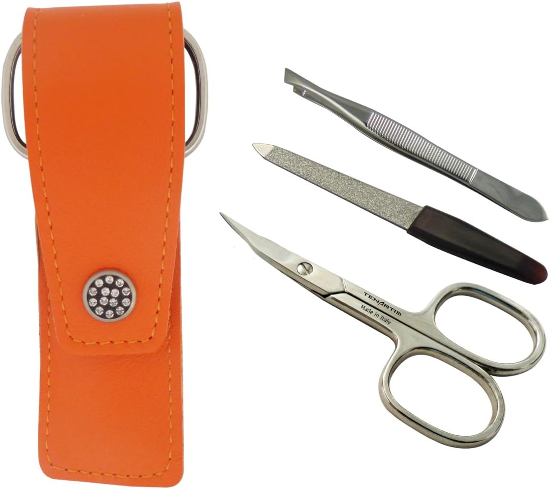 3-Piece Manicure Set with Nail Scissors, File & Tweezers in Genuine Leather Pouch - Made in Italy (Black)
