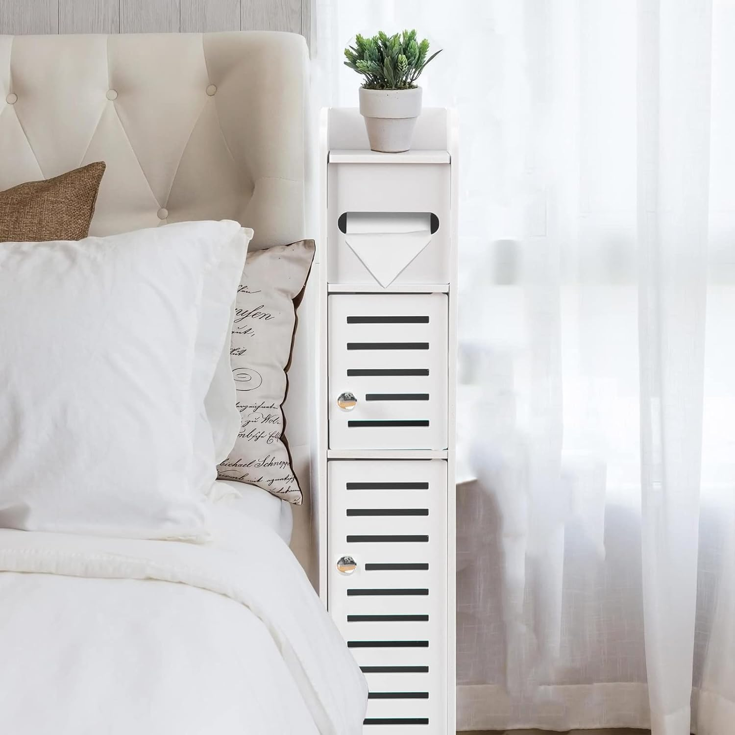 Askan Storage Cabinet for Small Spaces, over the Toilet Cabinet for Skinny Bathroom Storage Corner Floor, Slim Paper Cabinet with 2 Doors & Shelves (White) image number 3