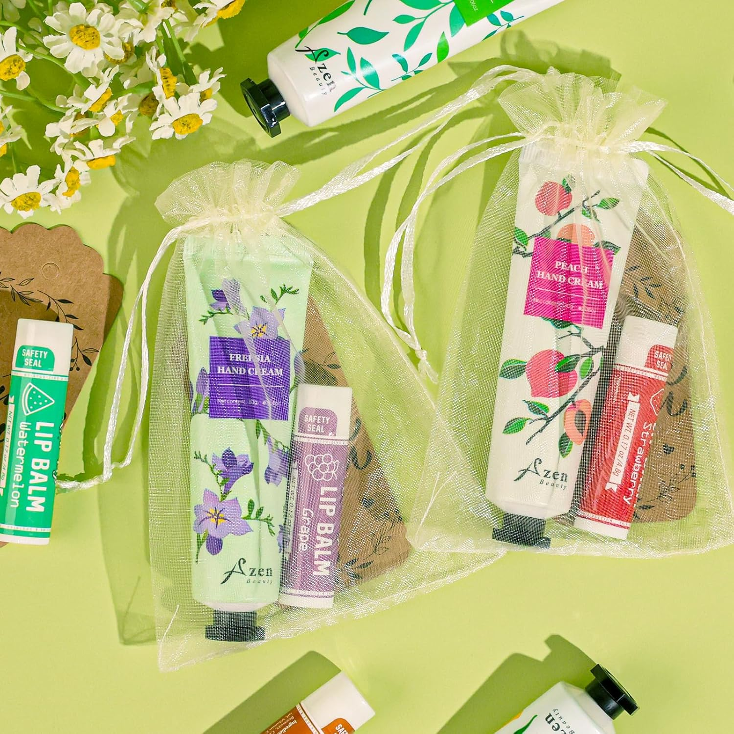 AZEN 30 Sets Bulk Gifts, Hand Cream and Lip Balm Bulk Set with Organza Bag Thank You Card, Baby Shower Wedding Gifts for Guests, Bridal Wedding Favors for Guests,Thank You Gifts for Women - A-30Set image number 5