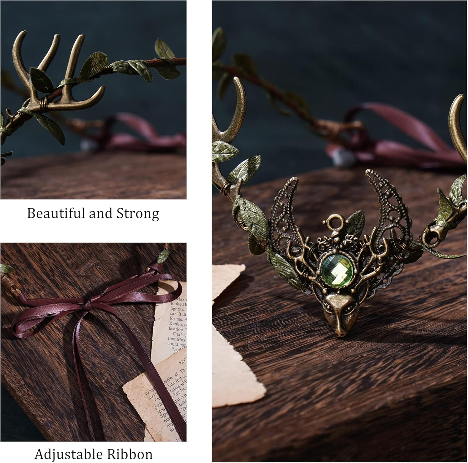 MOSTORY Handmade Deer Antler Crown Headband Forest Elf Headpiece Woodland Green Leaf Tiara Circlet for Wedding Bridal Themed Party Carnival Cosplay Festival Costume Accessory Green image number 6