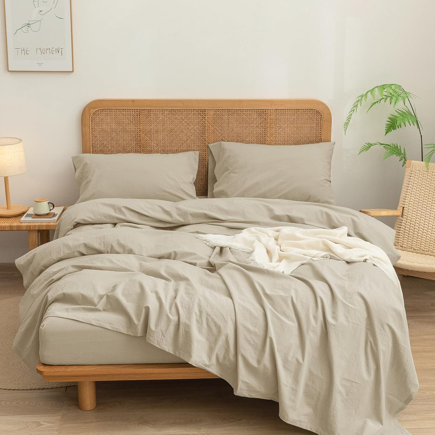 BESTOUCH Flat Sheet Only 100% Washed Cotton Linen Feel Wrinkle-Free, Fade-Resistant, Stain-Resistant, Bed Top Sheet, Solid Almond Milk Grey King image number 5