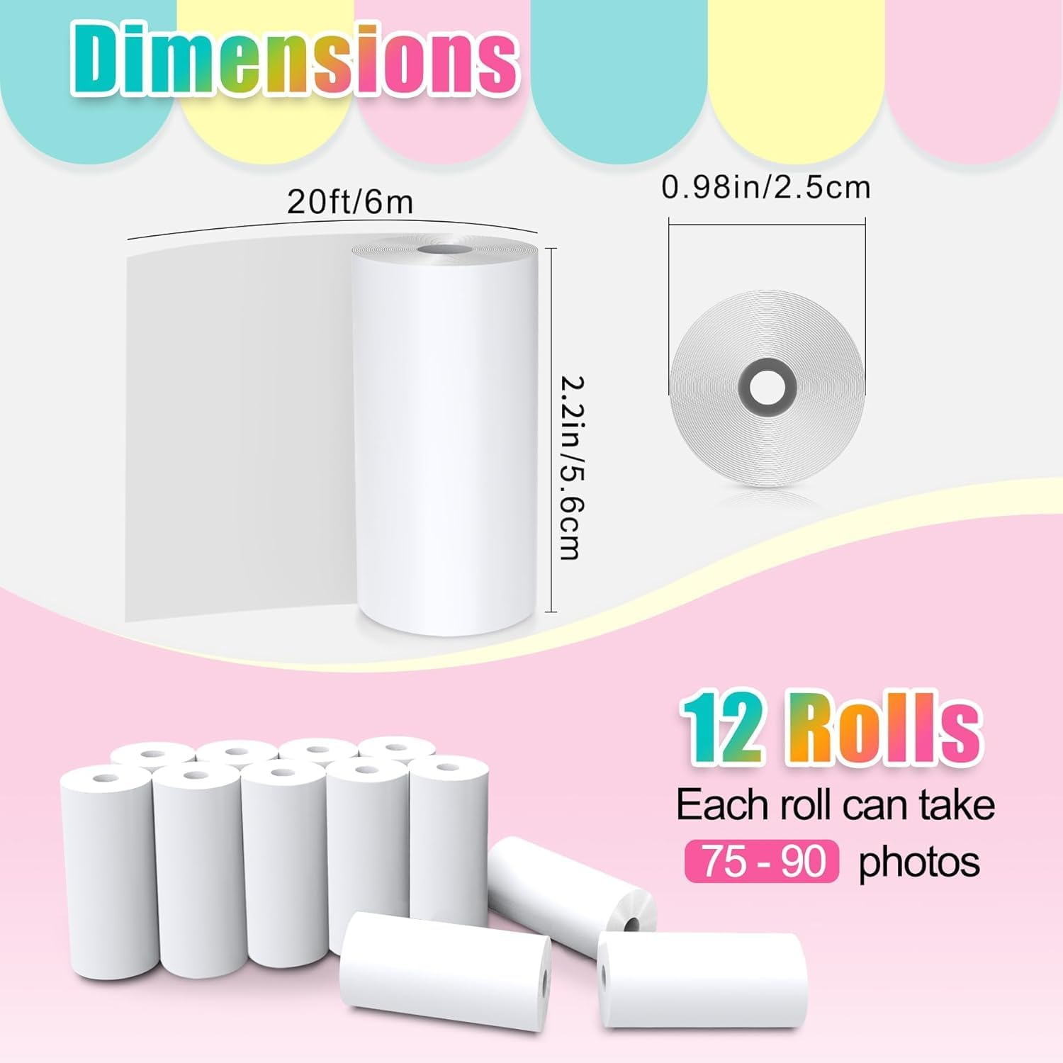 12 Rolls Print Camera Paper Refill，Thermal Print Paper Rolls Photo Print HD Printing for Most Kids Instant Camera - Paper Only(White-12) image number 6