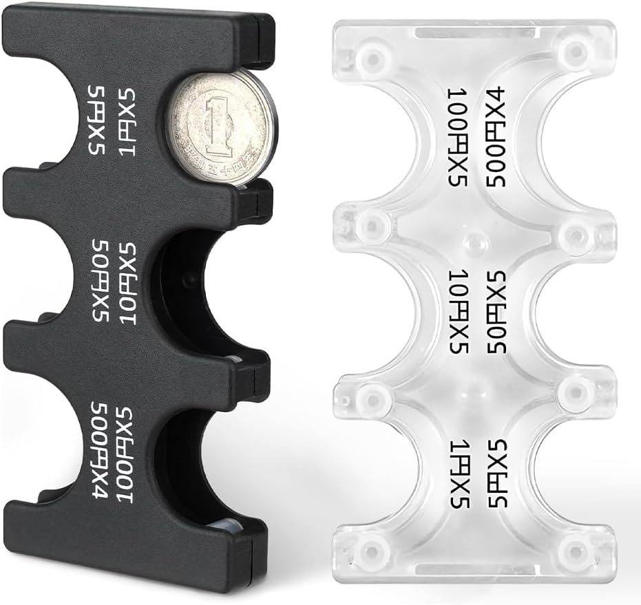 Japanese Yen Coin Holders Hard Case Organizer, Portable Coin Dispenser with 6 Slots Rectangle Plastic Coins Sorter Collection Wallet for Travel Car Coins Storage (Black +Transparent)