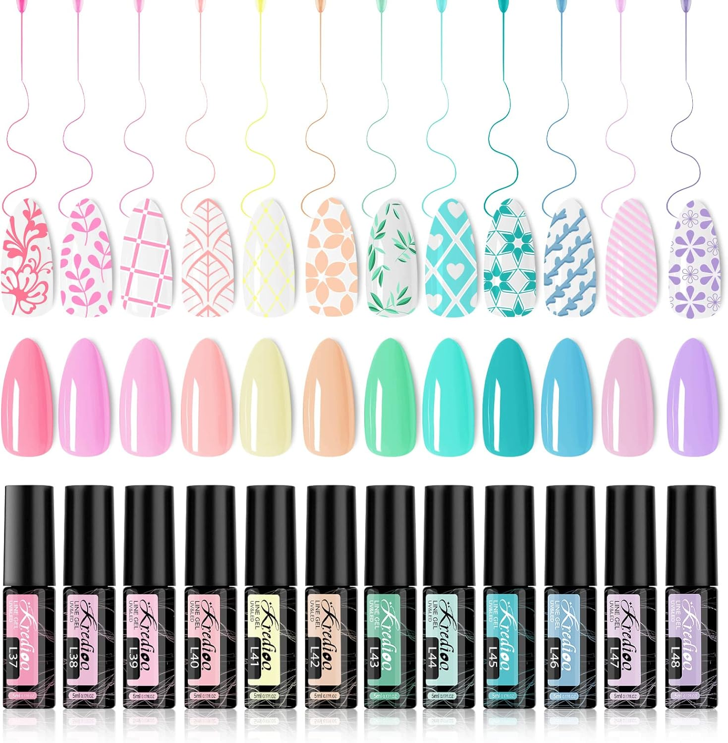 Kredioo Gel Nail Polish Liner Art Kit-12 Colors Pastel Nails Paint Polishes Soft Pink Baby Blue Easter Egg Bunny Design, UV Lamp Needed Soak-Off Gel Pen with Thin Brush for Home Manicure Salon Quality image number 6