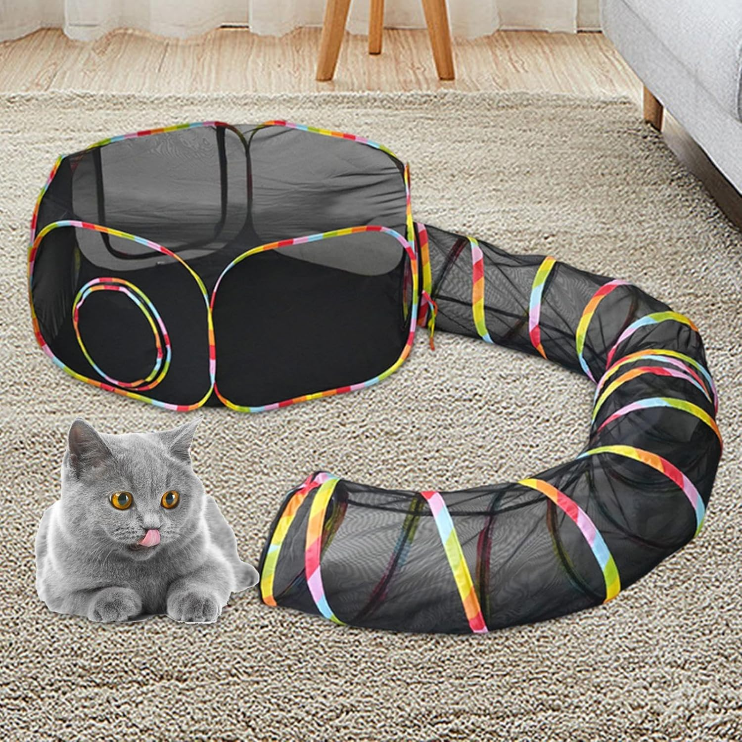 Shengquanhao Cat Tent with Tunnel, Rainbow Outdoor Cat Enclosure, Foldable Mesh Outdoor Cat Playpen for Small Dogs, image number 6