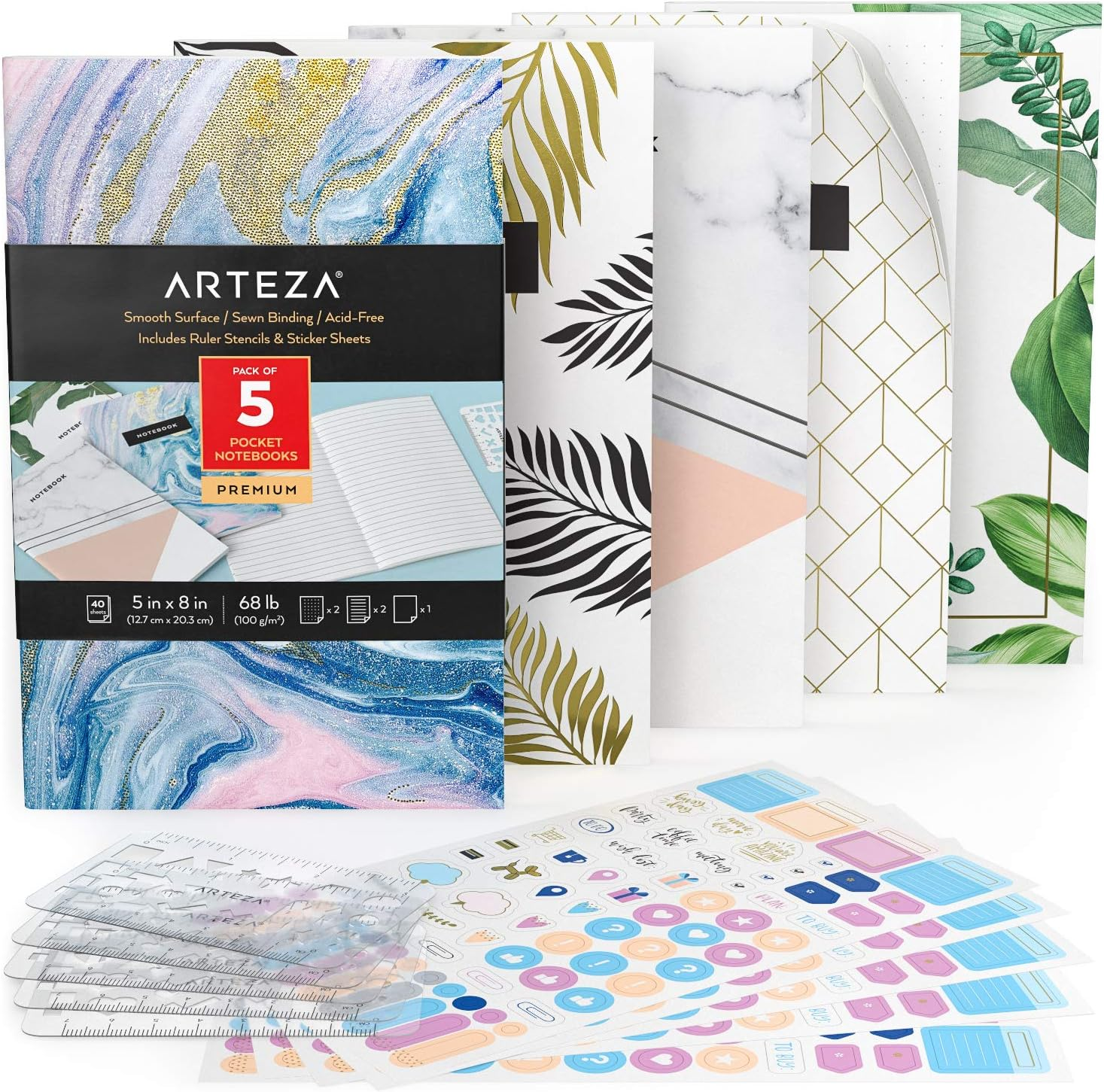 Arteza Pocket Notebooks, Set of 5, 5 X 8 Inches, 40 Sheets Each, Butterfly Designs, 2 Dotted, 2 Ruled, and 1 Blank Softcover Journal with Smooth Paper, Art Supplies for Writing and Sketching