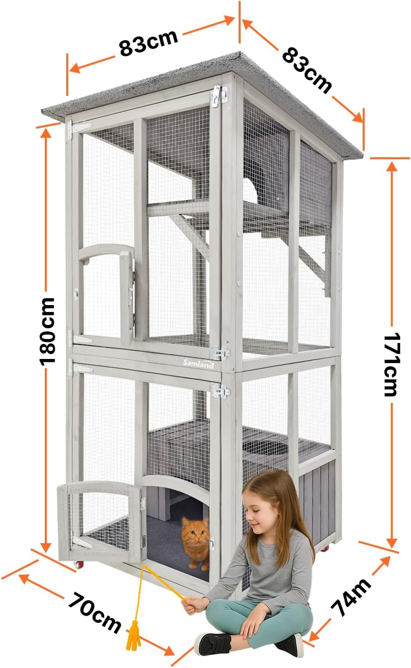Samland Wooden Outdoor Cat Enclosure with Wheels, Double Houses & Weatherproof Roof, Cat Run for Indoor/Outdoor Use image number 1